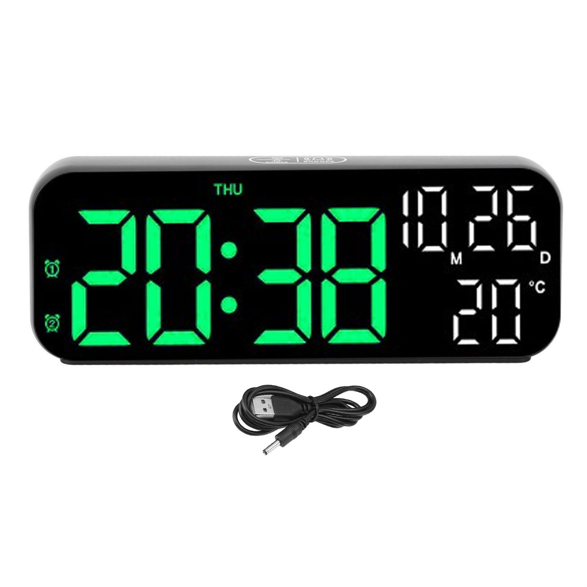 Digitaler Wecker mit Anzeige 20:38, Datum und Temperatur. Er ist schwarz mit grünen Zahlen und einem Netzkabel.