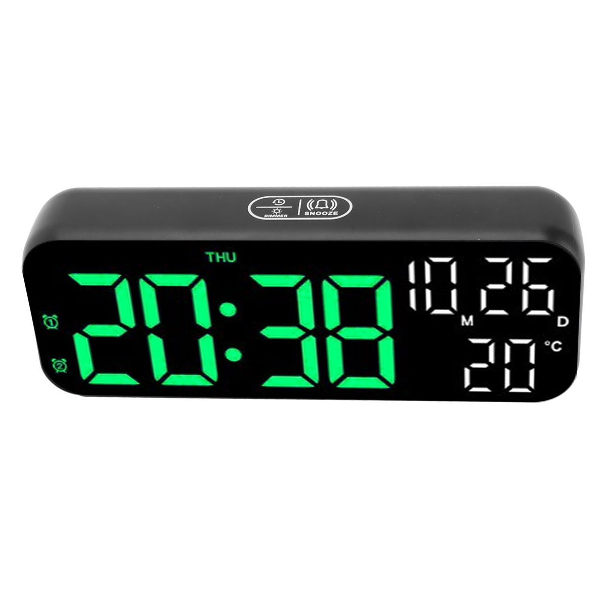Schwarzer digitaler Wecker mit der Anzeige 20:38 und 10.26, mit Symbolen, auf weißem Hintergrund.