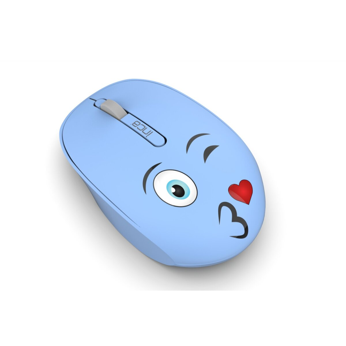 Een lichtblauwe draadloze muis met een cartoon gezichtsontwerp, met een knipoog en kus emoji.