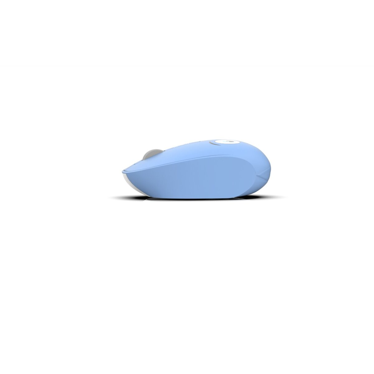 Een lichtblauwe draadloze muis op een witte achtergrond, gezien vanaf een zijkant.