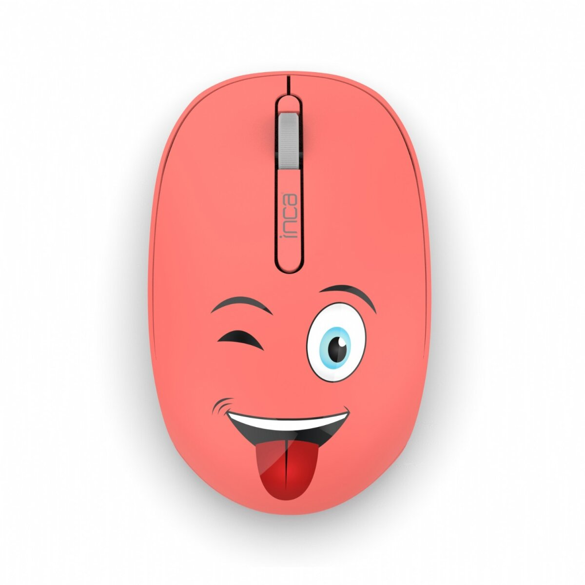 Mouse wireless rosa con un design a faccina che fa l'occhiolino.