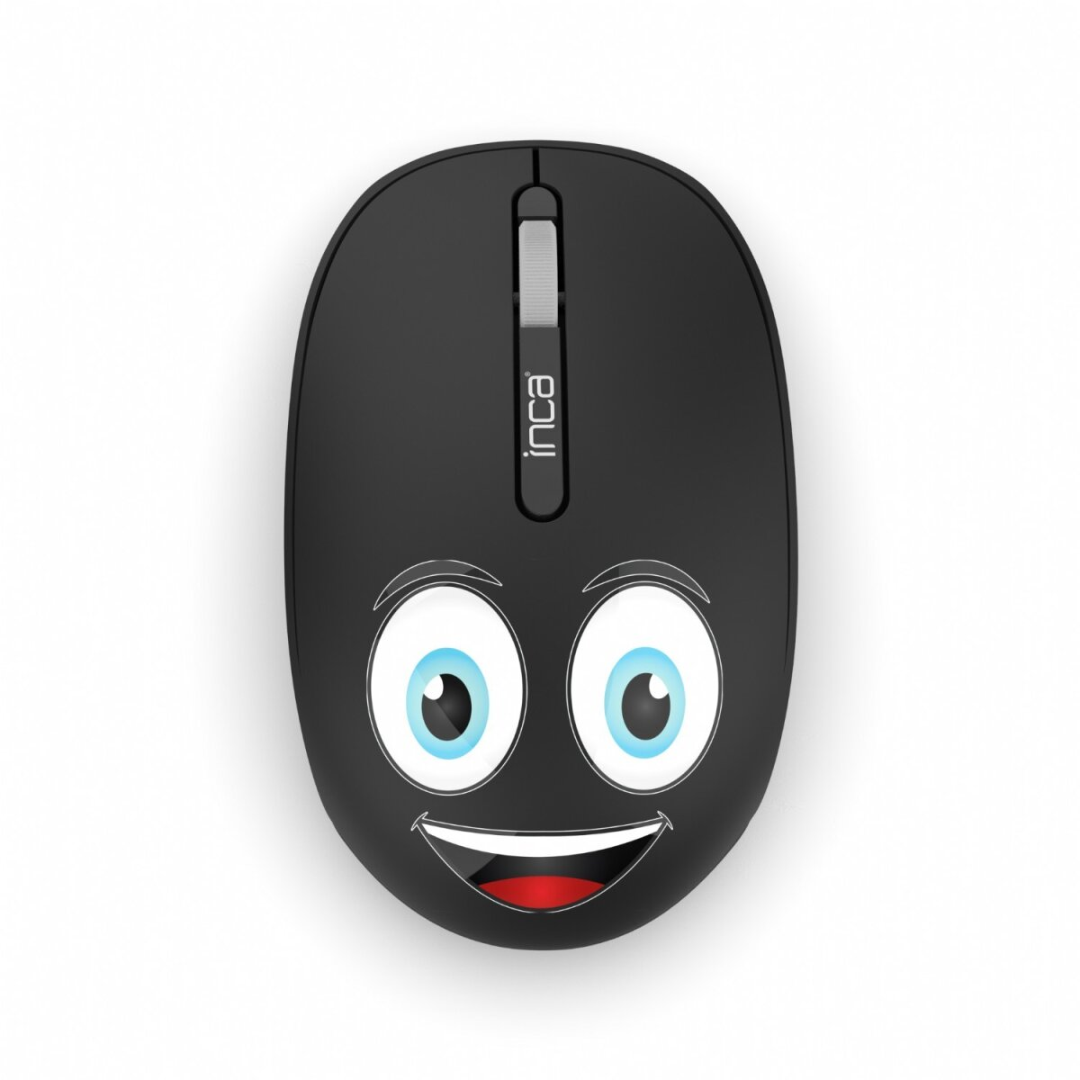 Mouse nero con design a faccina sorridente e rotella, su sfondo bianco.