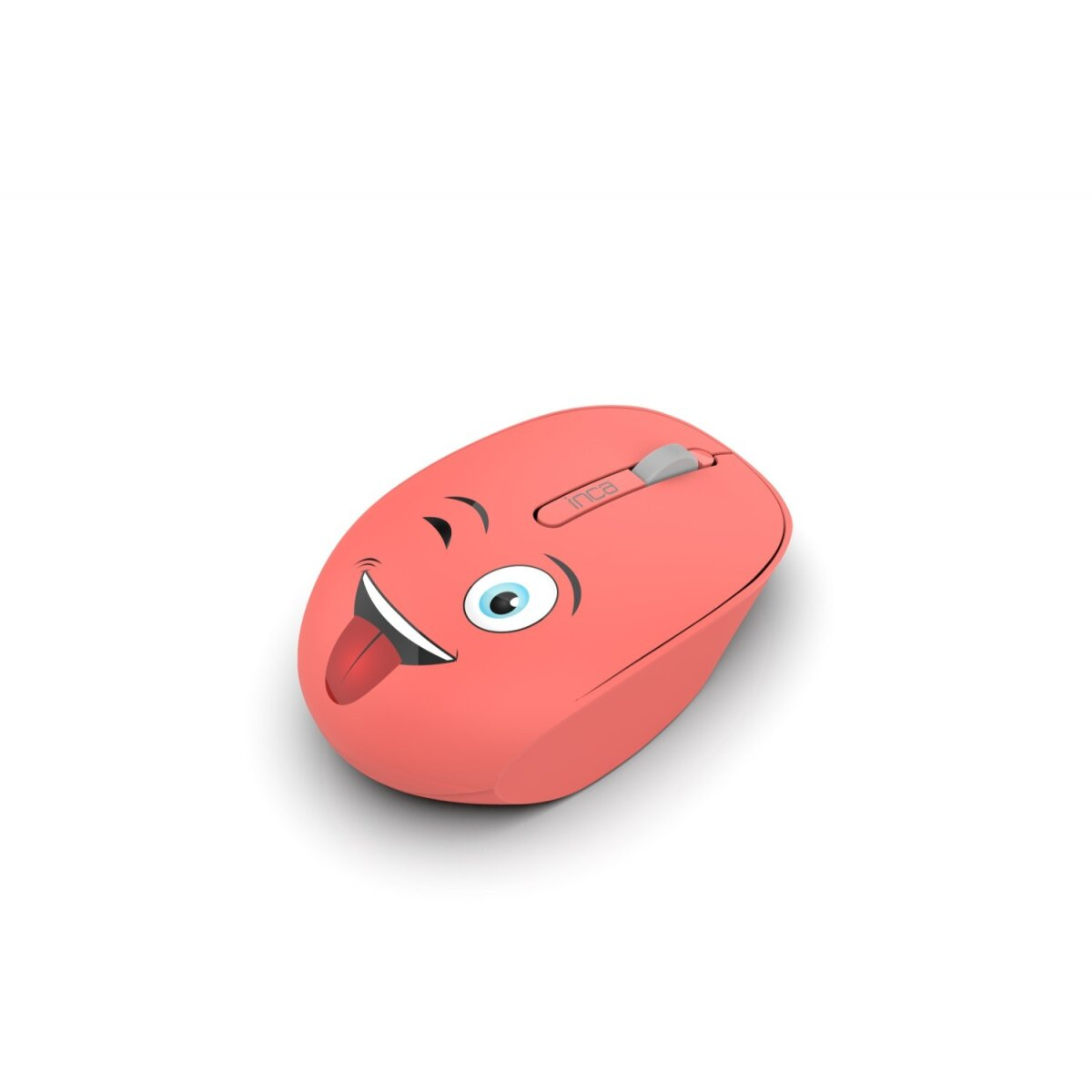 Mouse per computer color corallo con design a faccina sorridente.