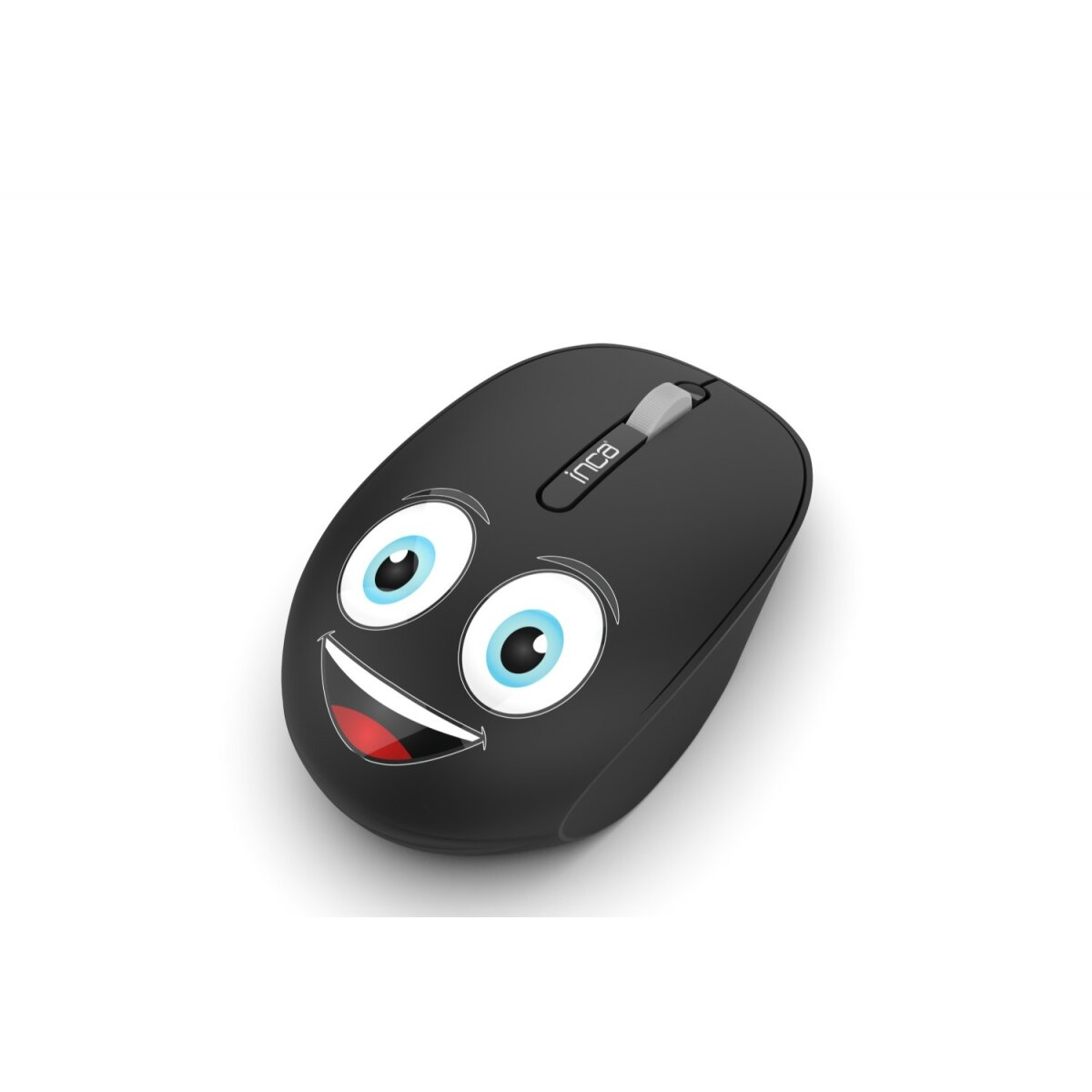 Mouse per computer nero con una faccia sorridente e occhi blu.