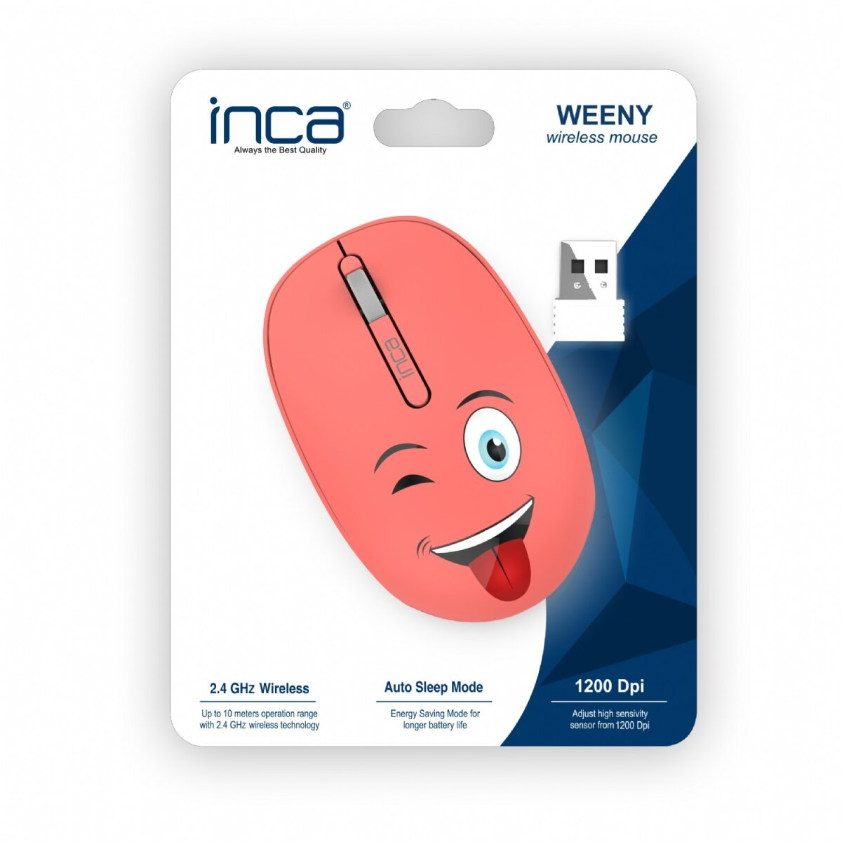 Mouse wireless rosa con un volto che strizza l'occhio sulla confezione.