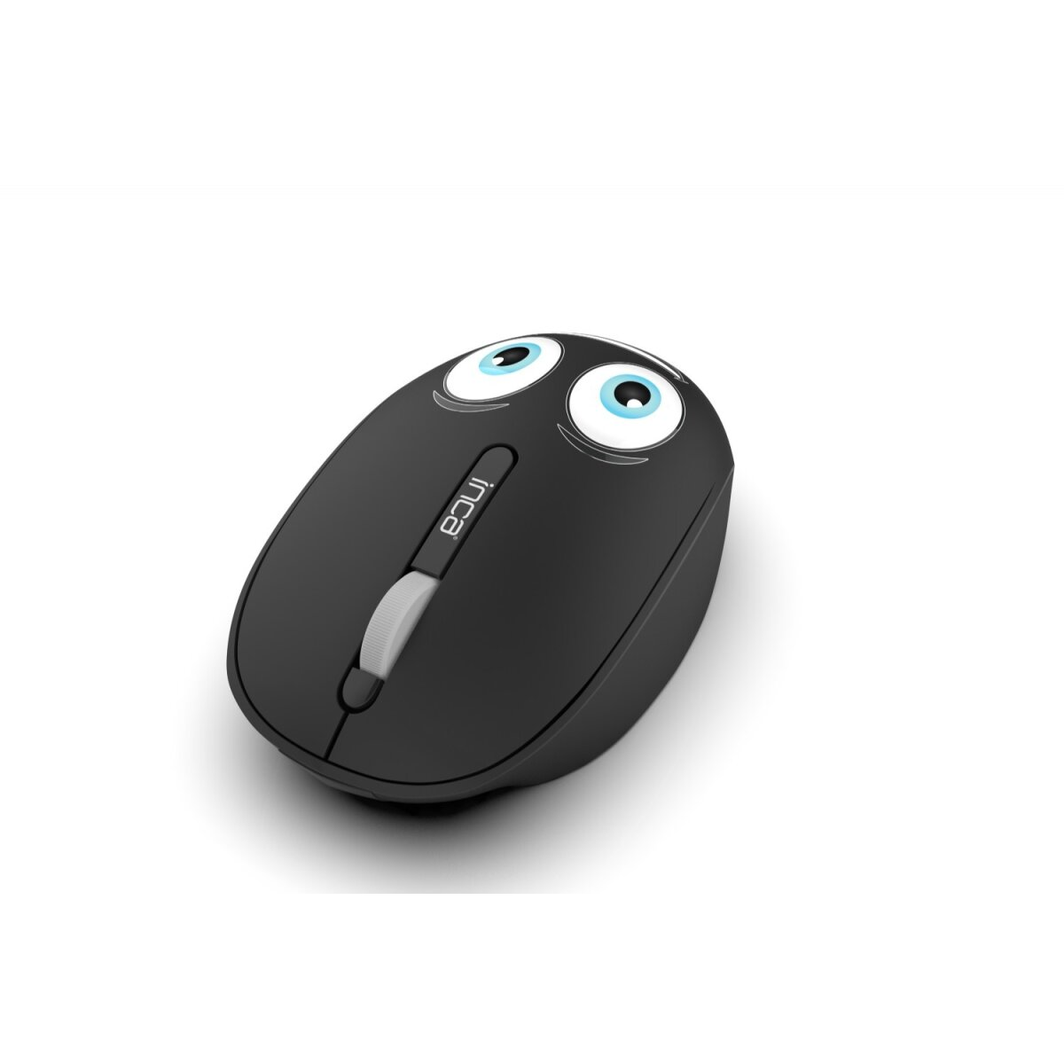 Viene mostrato un mouse per computer nero con occhi dei cartoni animati. Sfondo bianco.