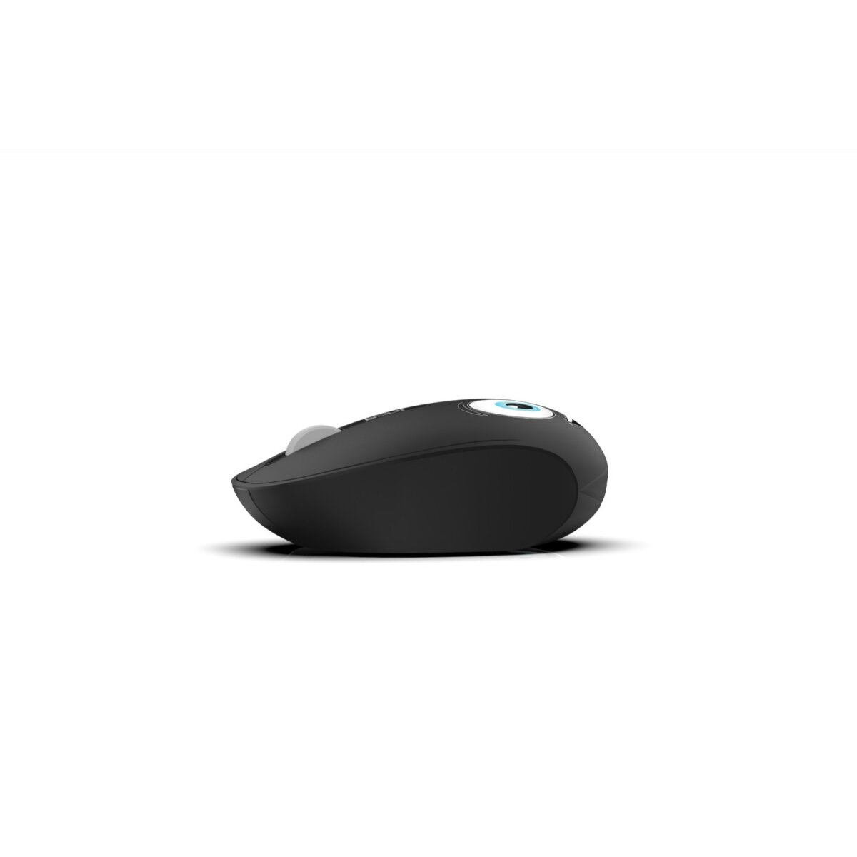 Mouse wireless nero, vista laterale, con rotella e sfondo bianco.