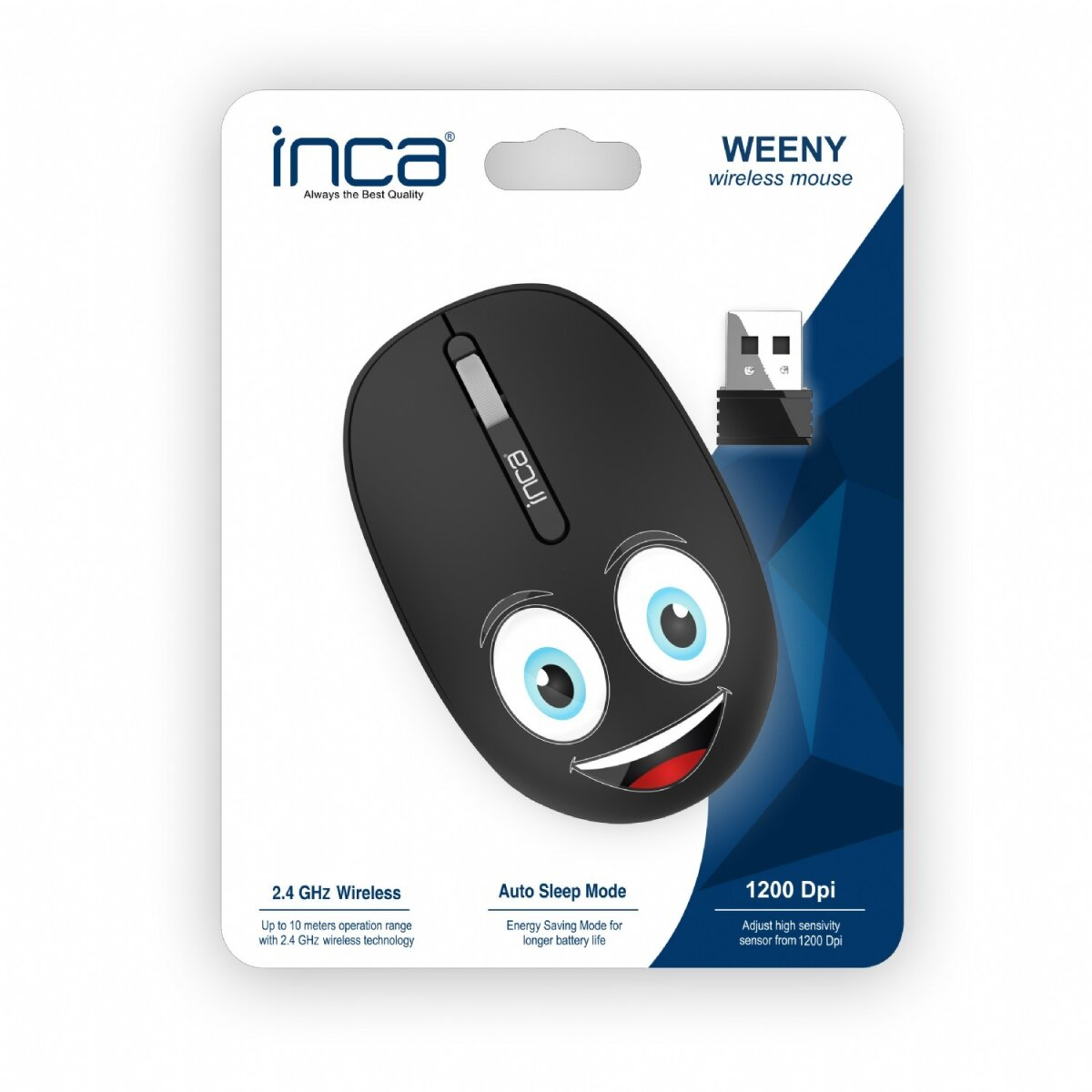 Mouse wireless nero con un volto di cartone sulla scatola. La scatola dice 'Weeny'.