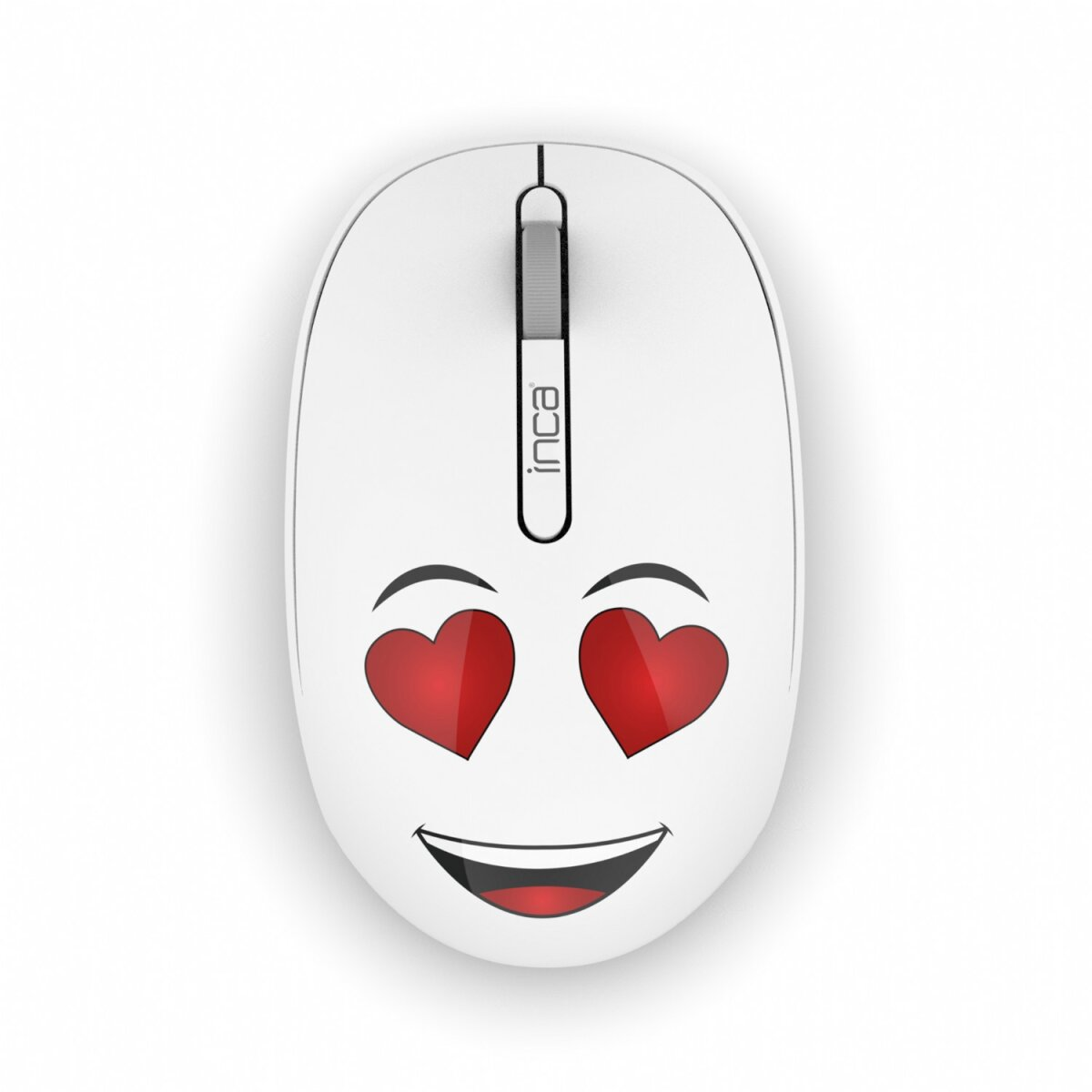 Mouse bianco con un design a faccina sorridente con occhi a cuore. Sfondo bianco.