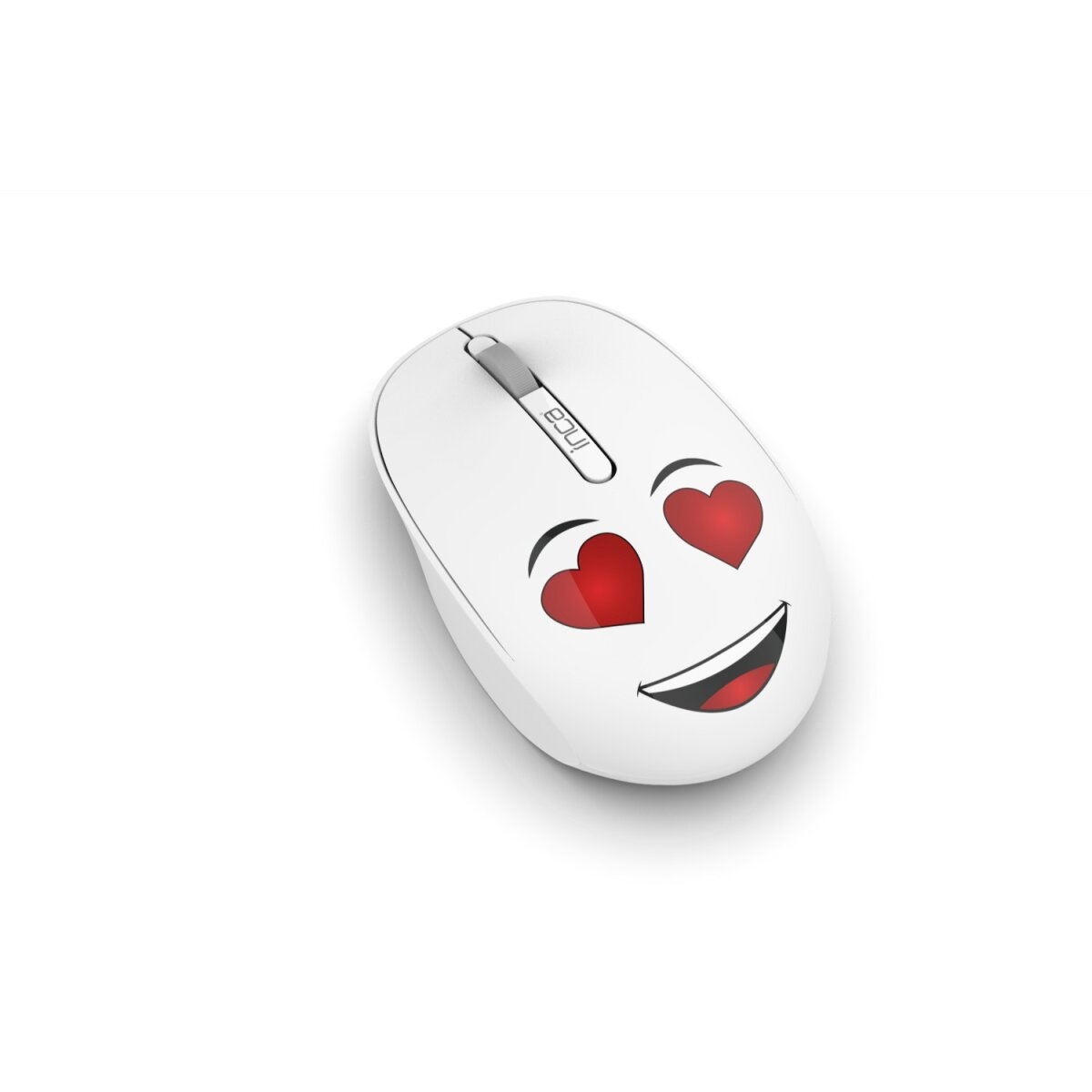 Mouse bianco con due occhi a cuore rossi e una faccia sorridente.