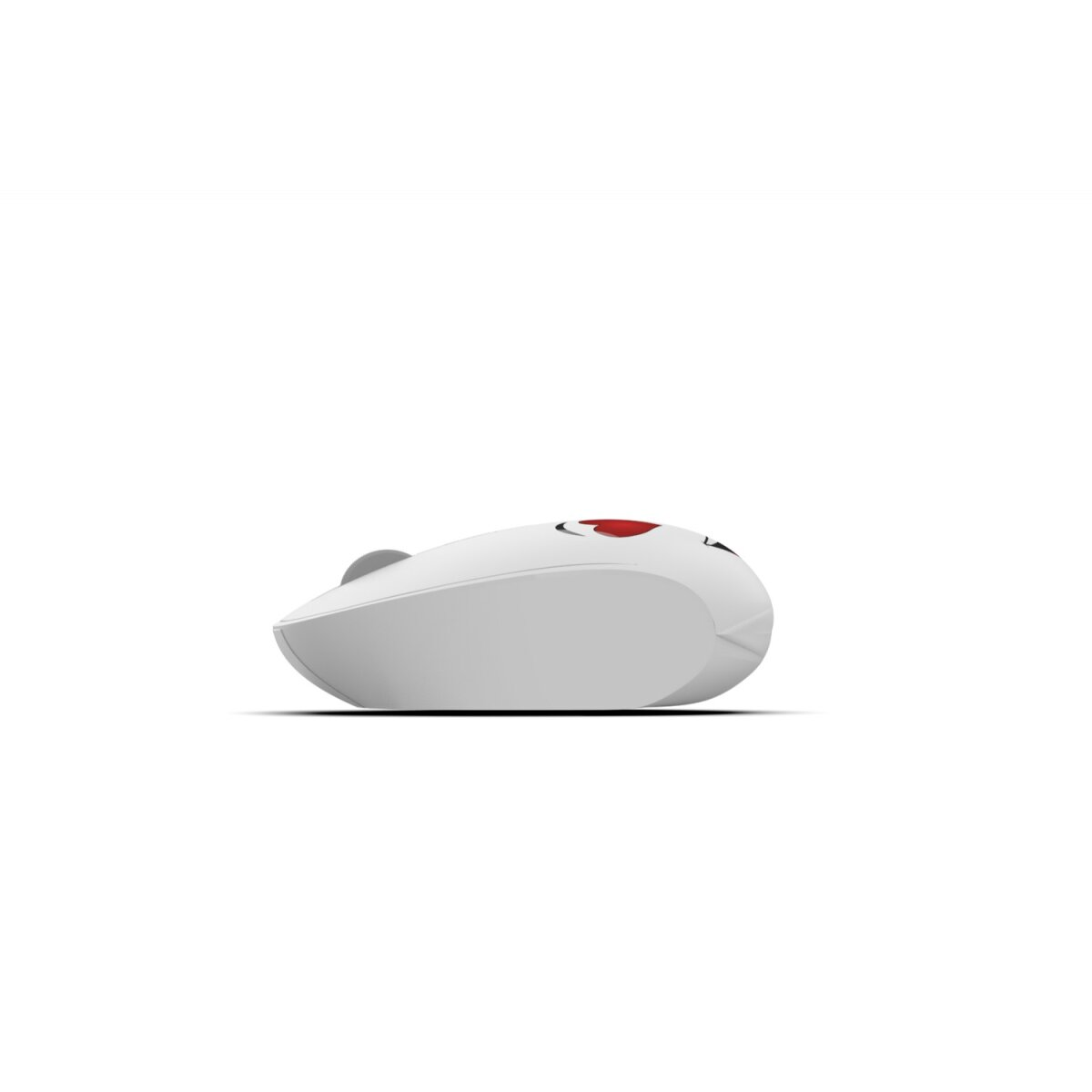 Mouse per computer bianco con un pulsante rosso sulla parte superiore. Il mouse è su uno sfondo bianco.