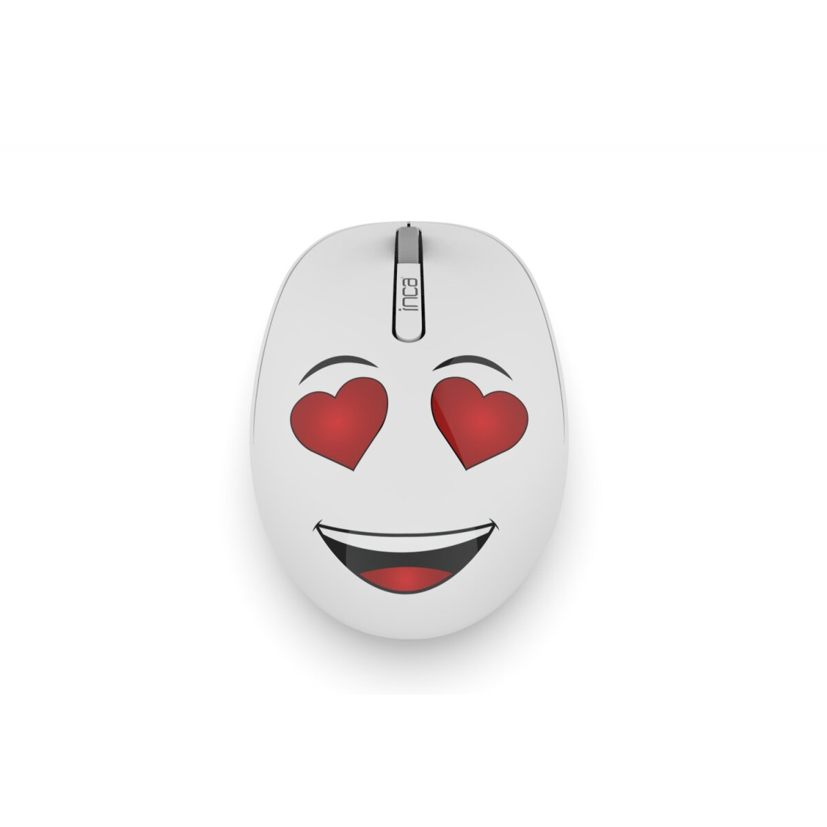 Mouse bianco con occhi a forma di cuore e una faccia sorridente.