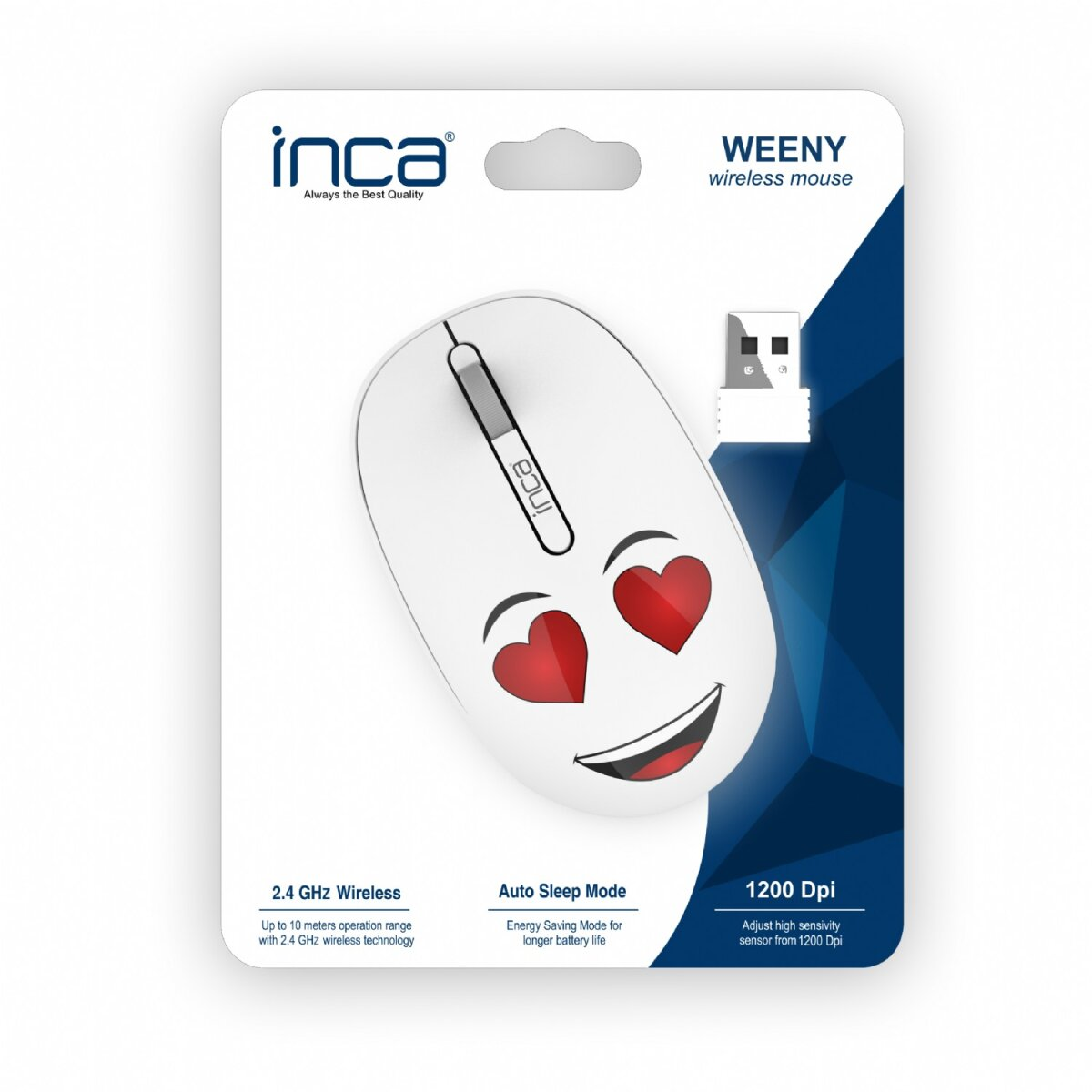 Mouse per computer bianco con faccina sorridente con occhi a cuore e confezione.