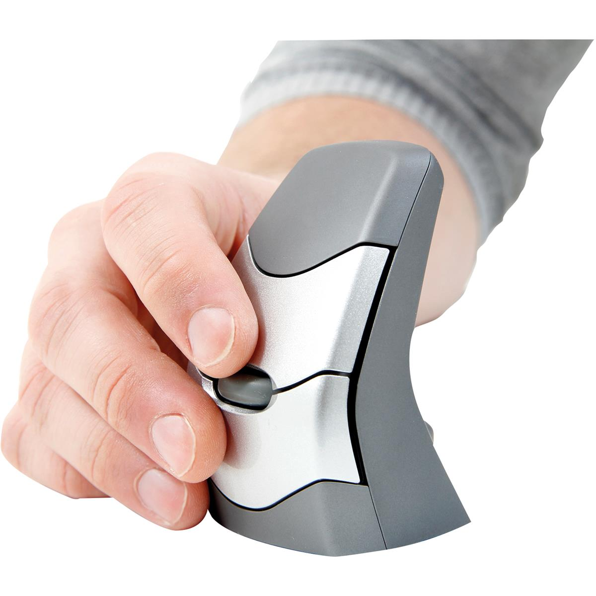 Hand holding a gray vertical mouse. The mouse has silver accents and a scroll wheel.