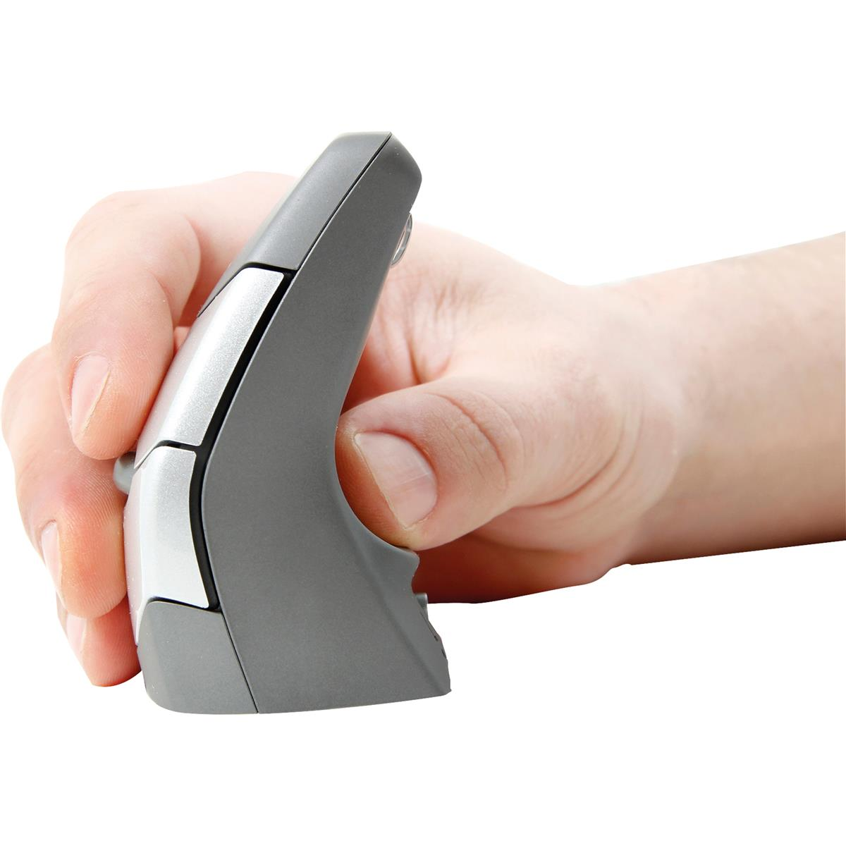 A hand holding a gray ergonomic vertical mouse.