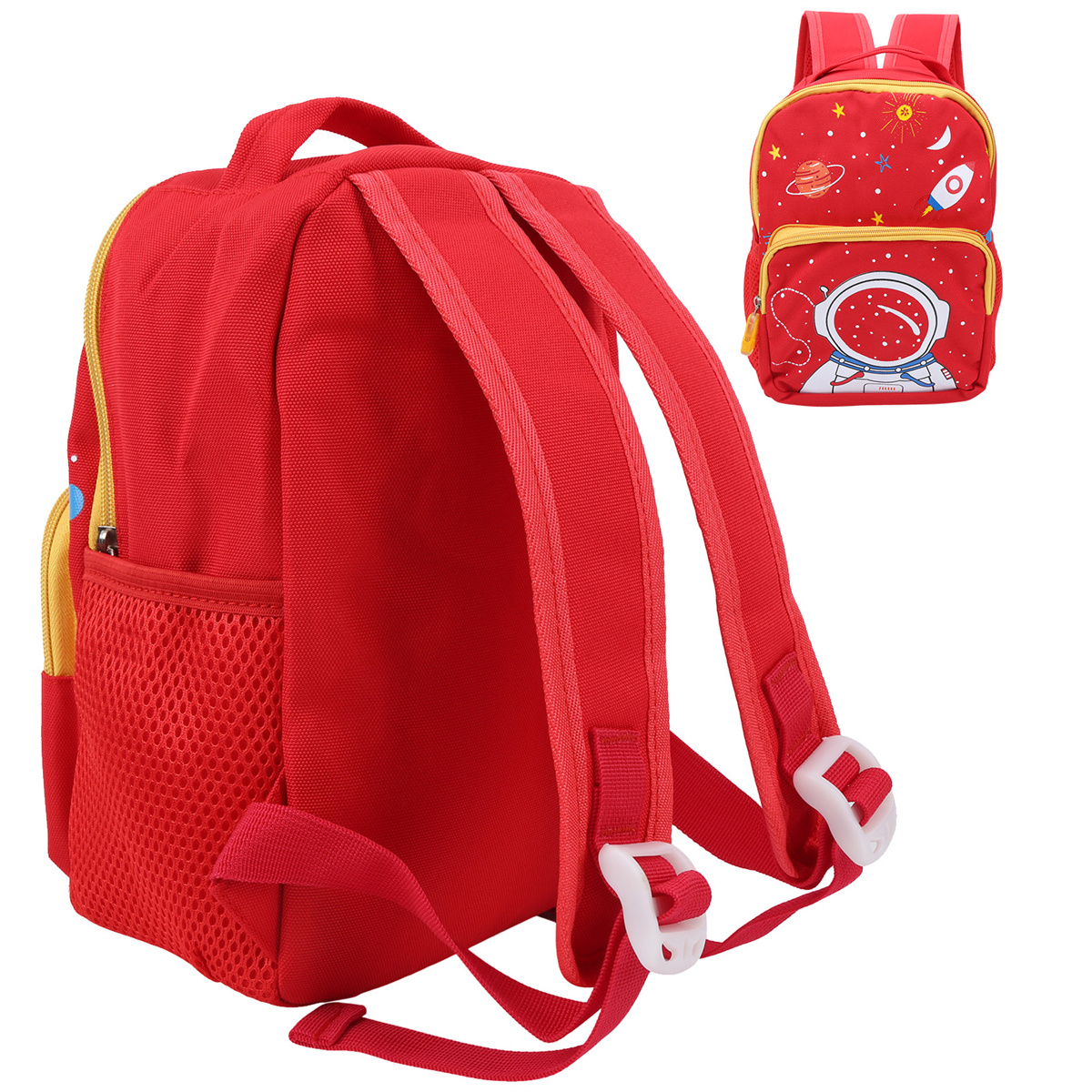 Roter Rucksack mit kleiner Vordertasche. Der Rucksack hat Astronauten- und Raketen-Designs. Rote Schultergurte.