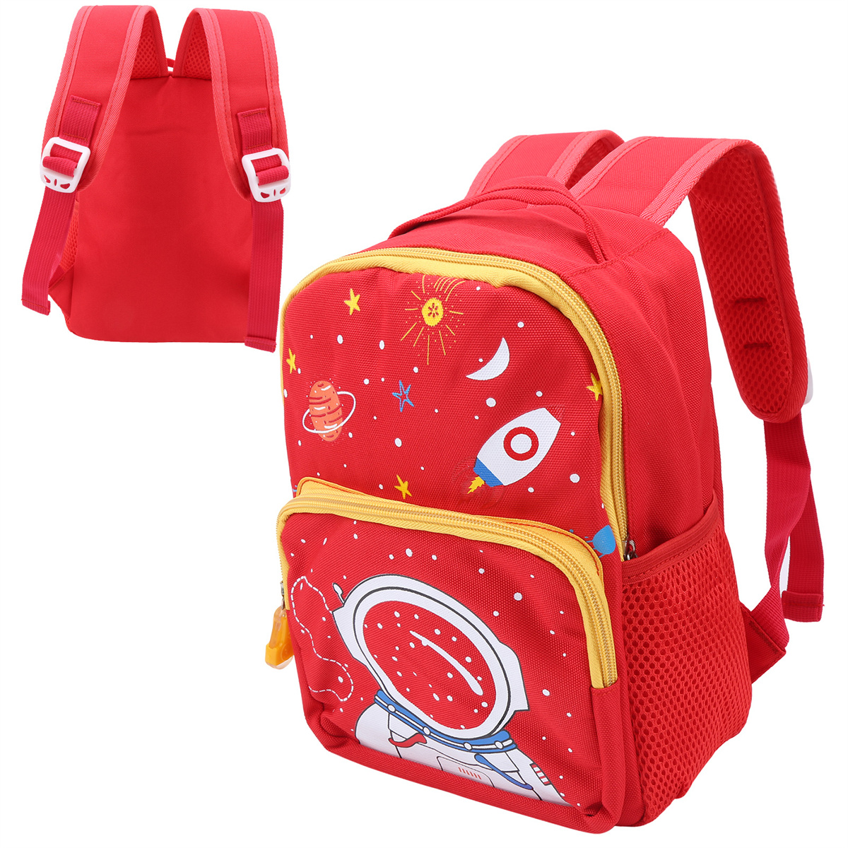 Ein roter Kinderrucksack mit Astronauten-Design, einer seitlichen Netztasche und zwei Schultergurten.