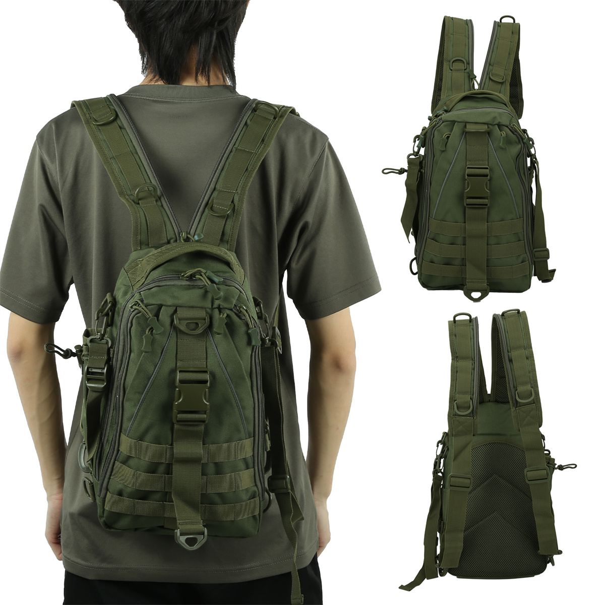 Mann mit grünem Rucksack mit mehreren Taschen. Drei Ansichten des Rucksacks.