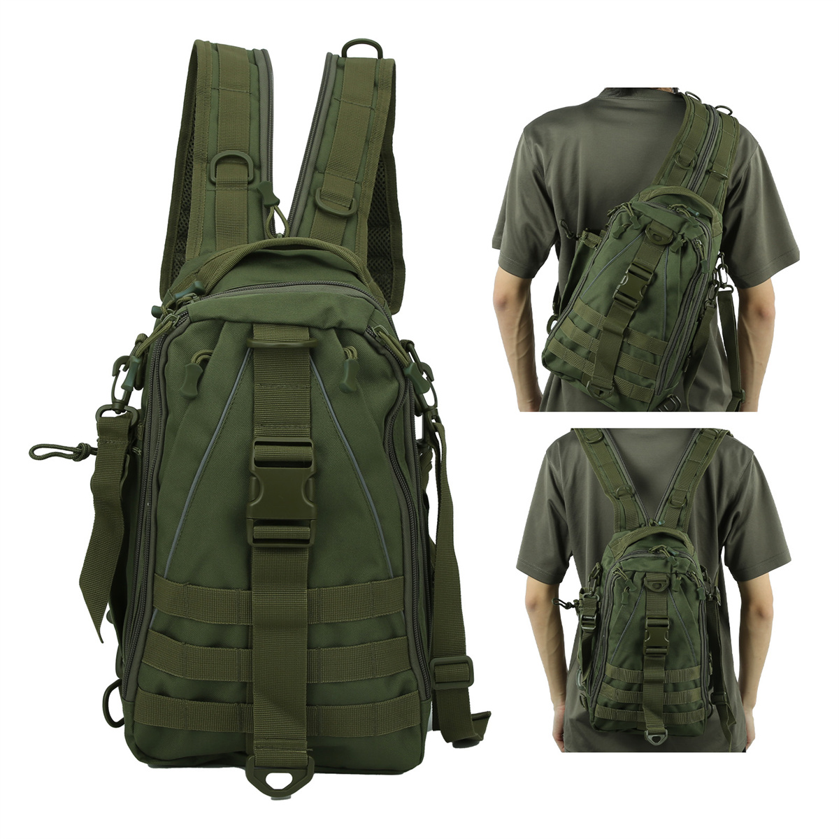 Grüner taktischer Rucksack. Drei Ansichten: vorne, seitlich und auf dem Rücken einer Person.