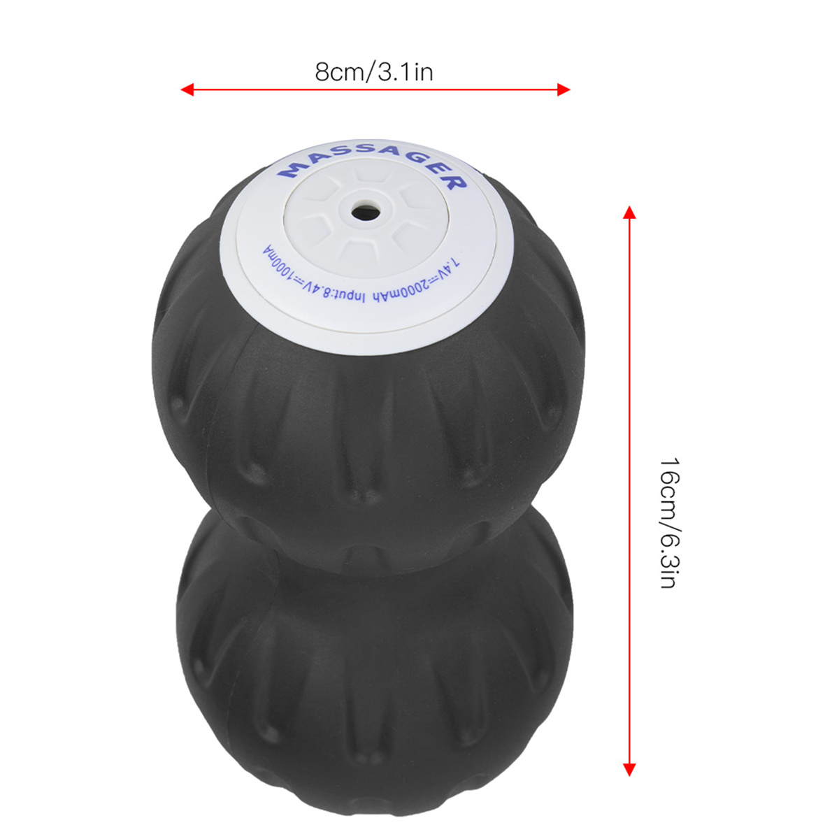 Schwarzer Massageball mit weißem Deckel, misst 8cm x 16cm, weißer Hintergrund.