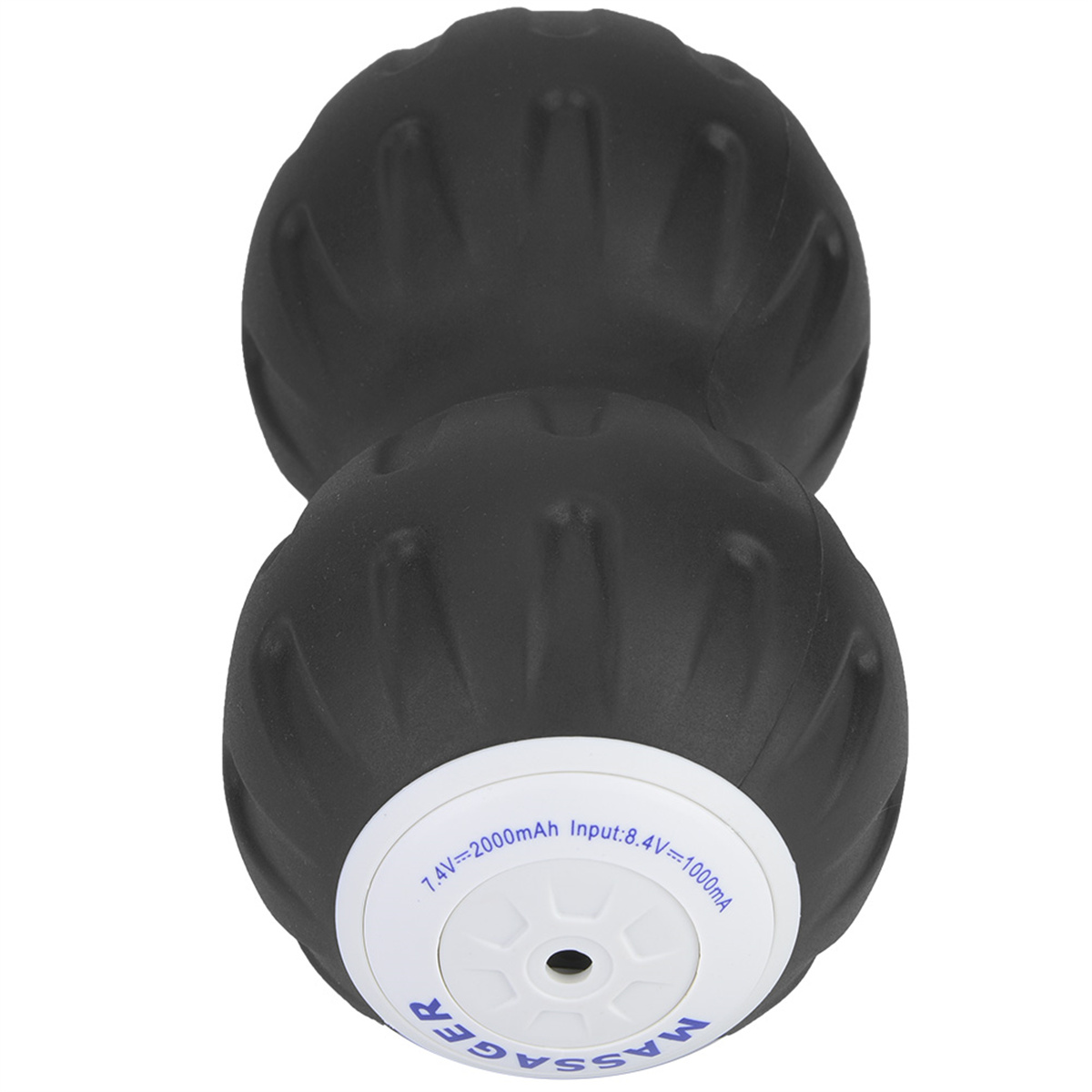 Schwarzer Massageball mit weißem Text, der 7,4 V-2000 mAh Eingang: 8,4 V-1000 mA angibt.