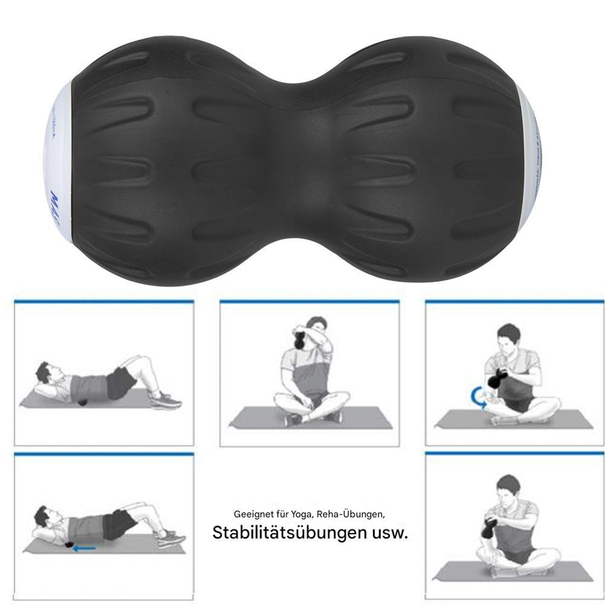 Schwarze Massagerolle mit sechs Übungsdiagrammen und Text auf Deutsch, geeignet für Yoga.