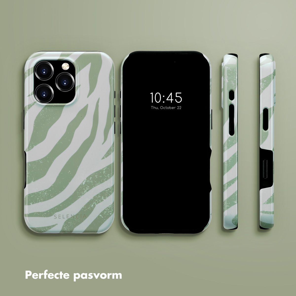 Telefoonhoesje met een zebra-streepontwerp, naast de telefoon op een groene achtergrond.