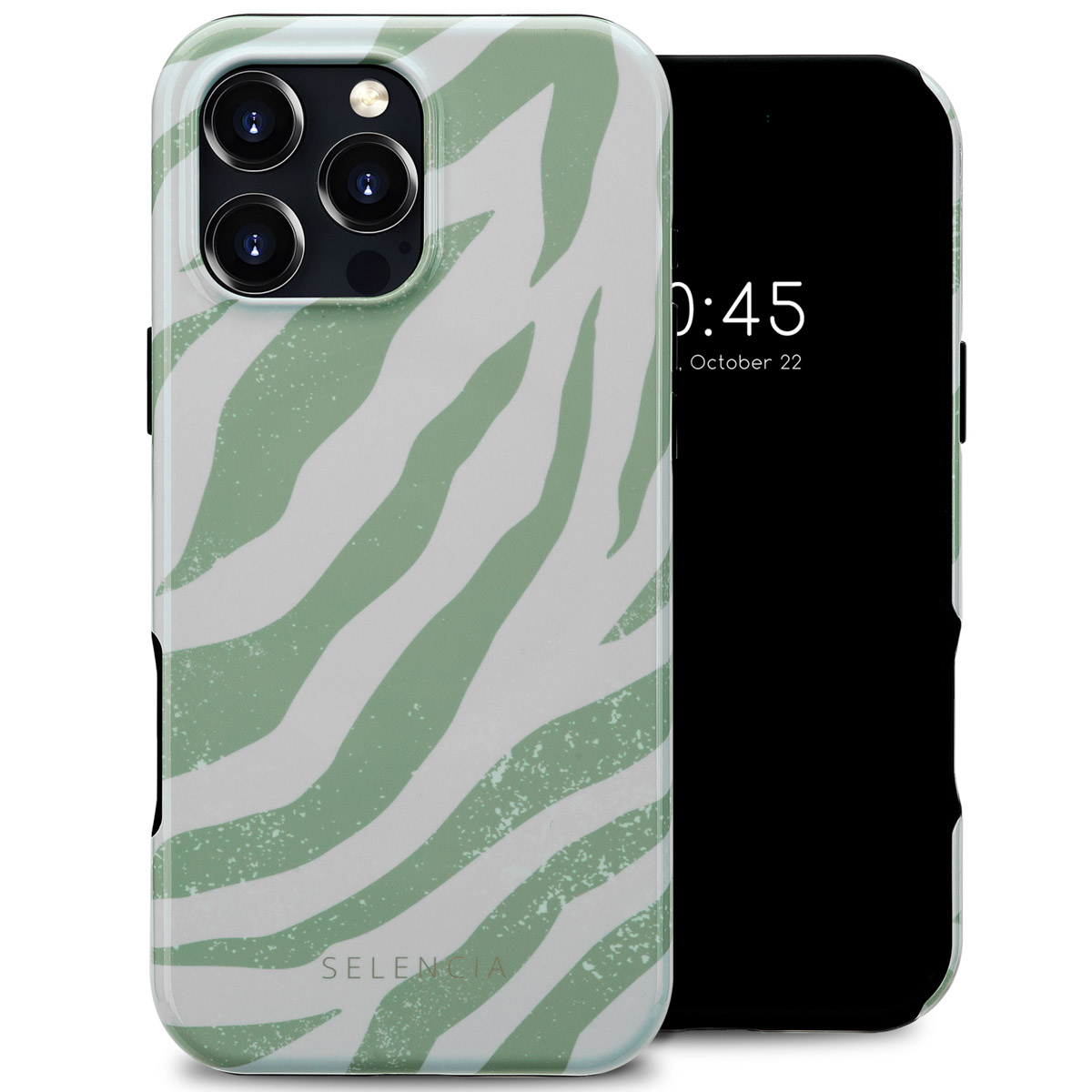 Coque de téléphone avec un motif zébré vert et blanc, affichant l'heure.