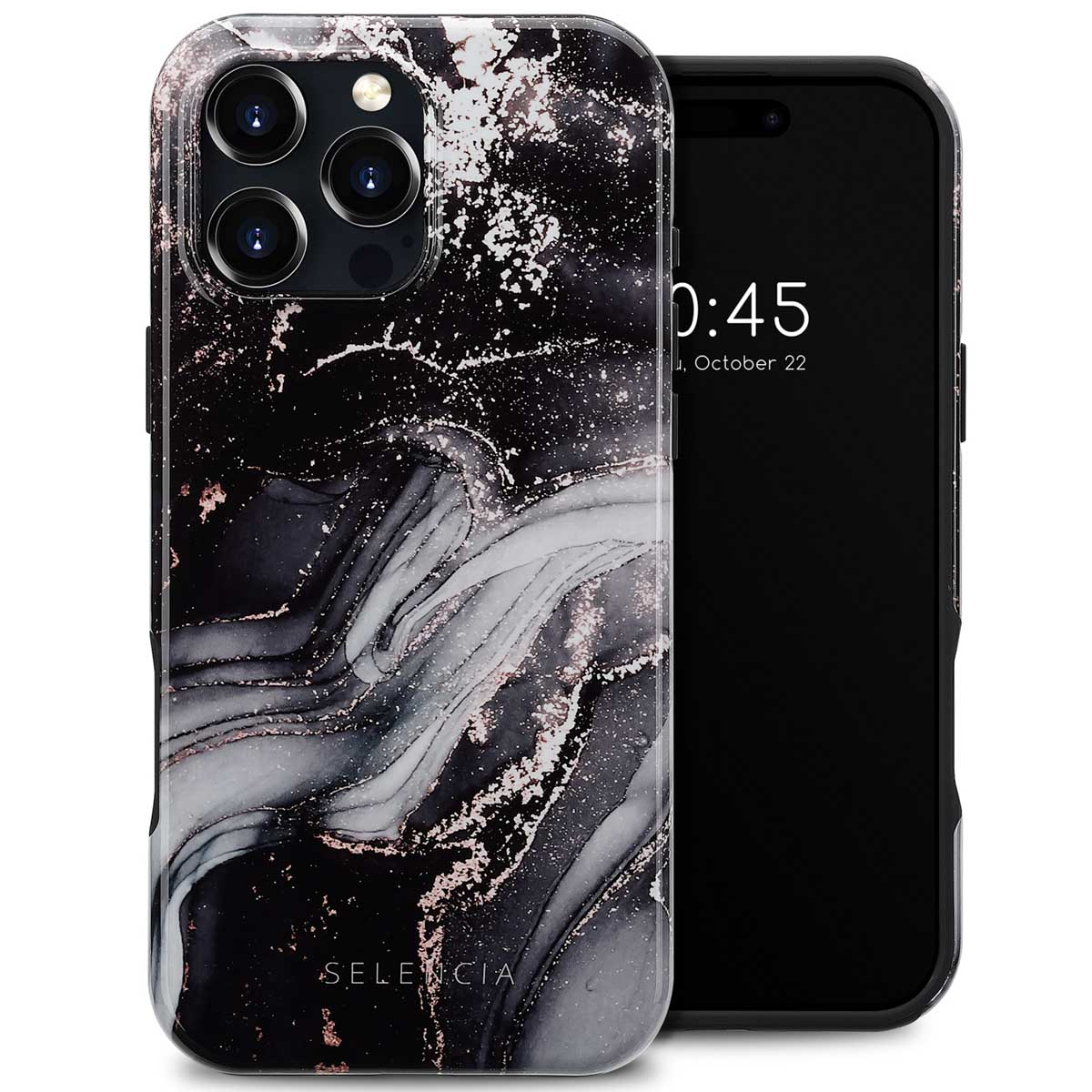 Een telefoonhoesje met een zwart marmerontwerp, dat een telefoon op een witte achtergrond bedekt.