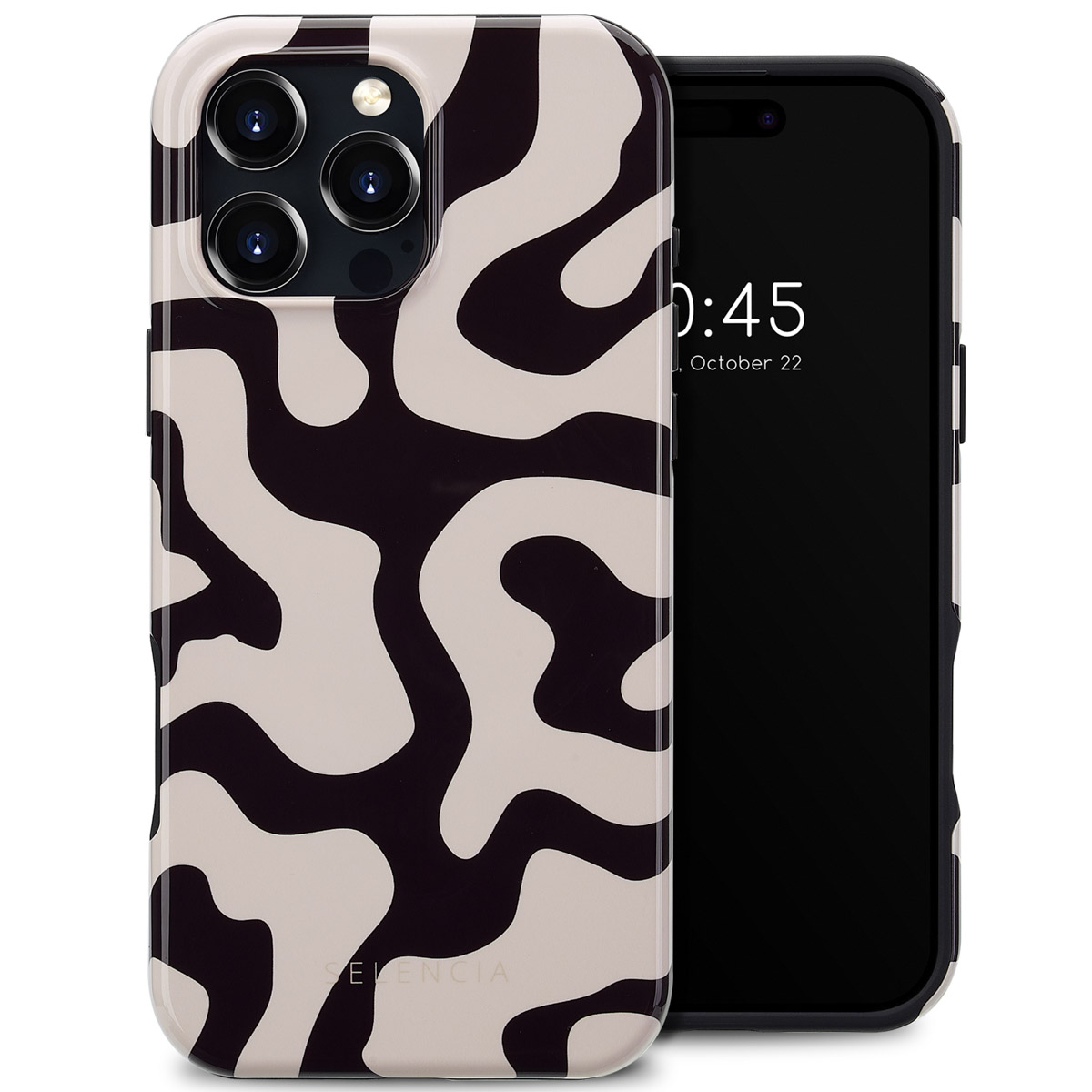 Téléphone avec coque à motif noir et blanc. Affiche l'heure et la date à l'écran.