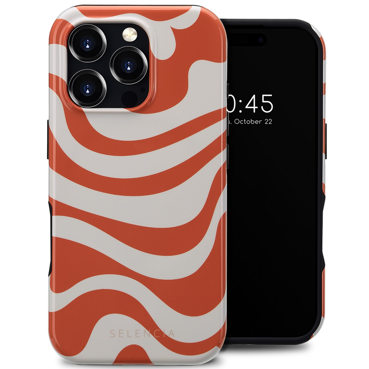 Een telefoon met een golvende oranje en witte hoes, met een zwart scherm.
