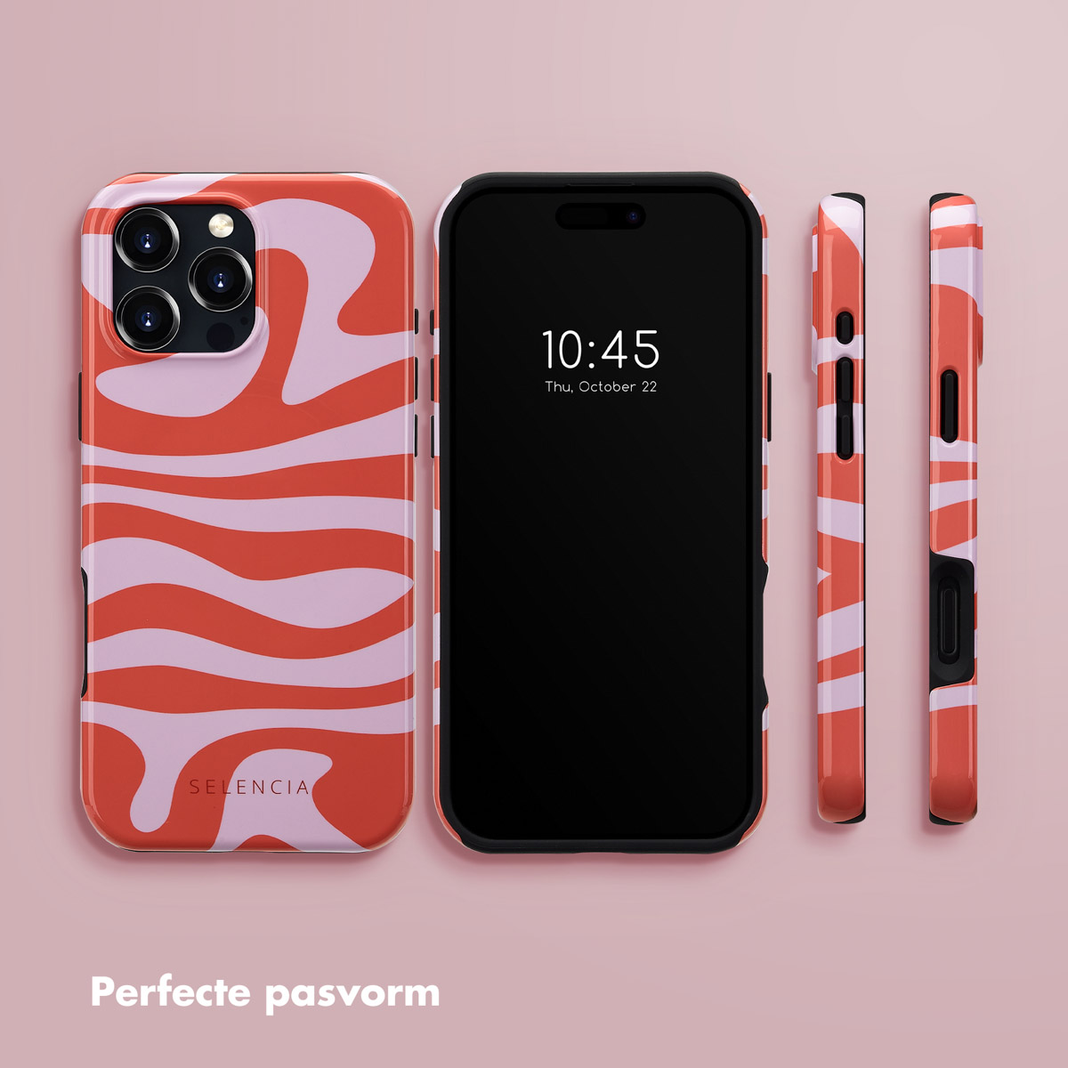Téléphone avec étui à motifs tourbillonnants. Trois vues du téléphone et de l'étui. Fond rose.