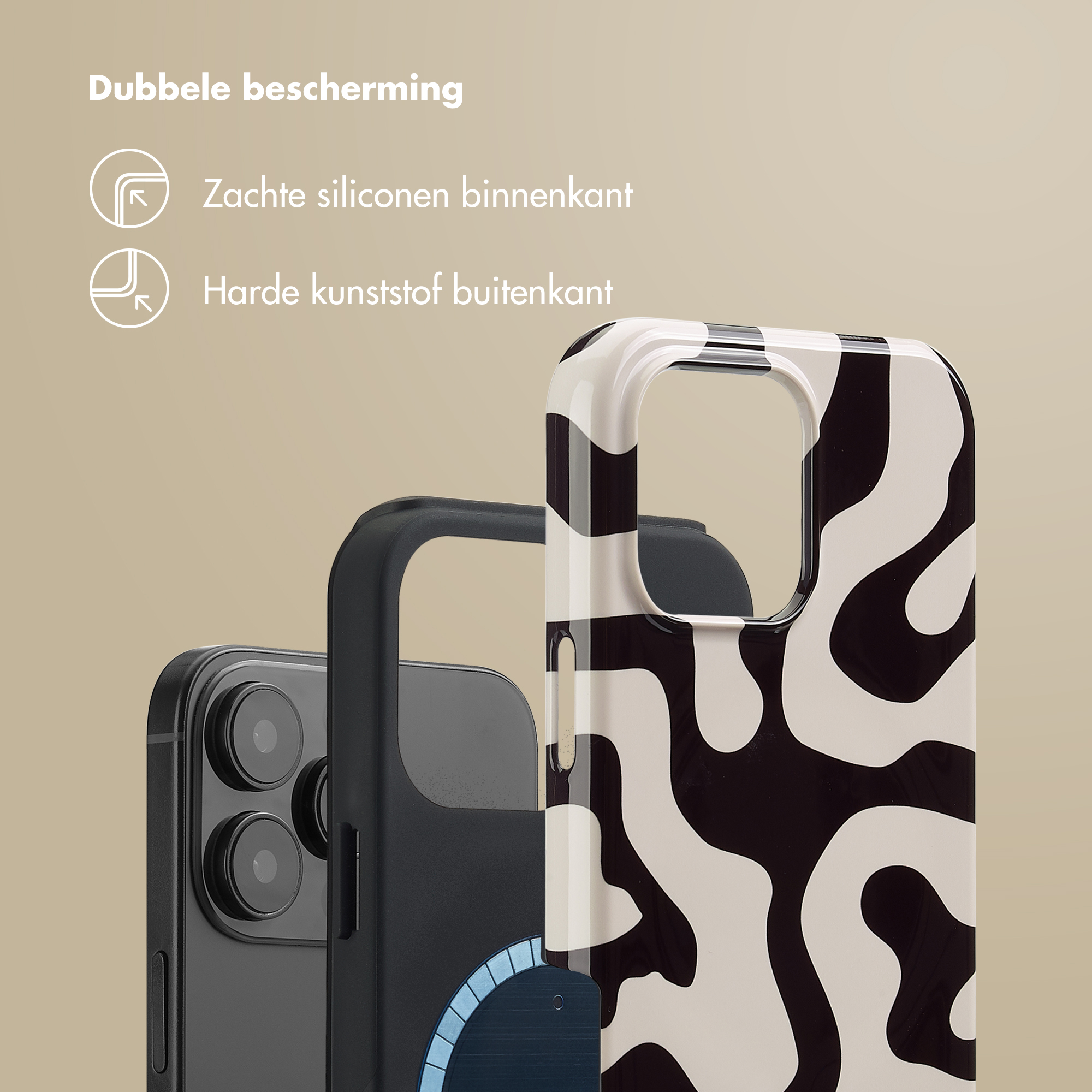 Coque de téléphone, montrant une double protection: silicone souple à l'intérieur, plastique dur à l'extérieur. Le téléphone est dans la coque.