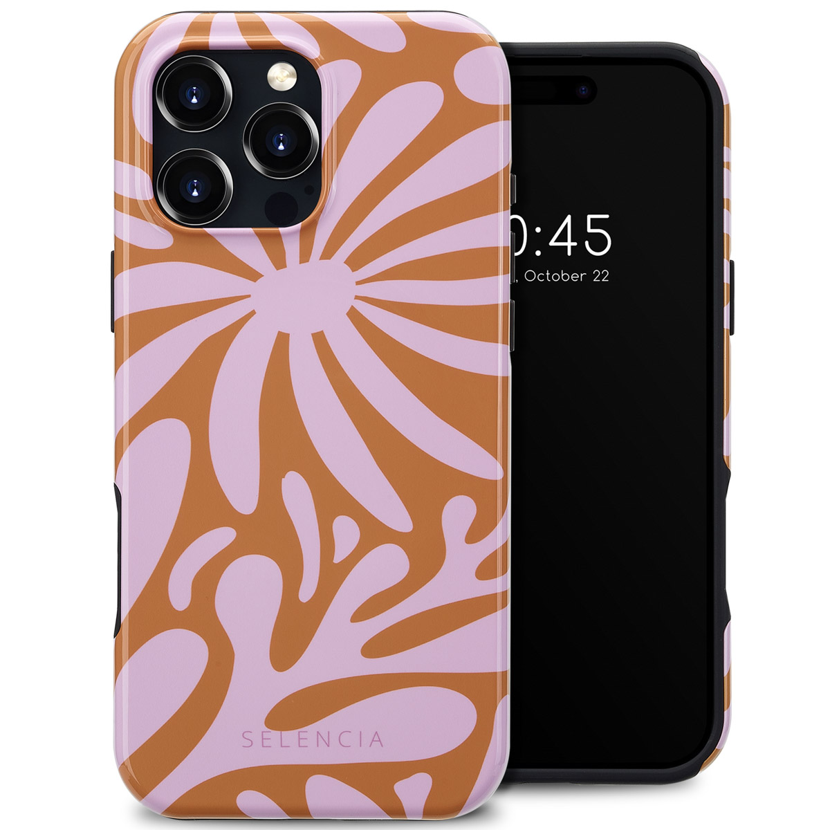 Coque de téléphone avec un motif floral. La coque est marron et rose. Un téléphone est visible à droite.