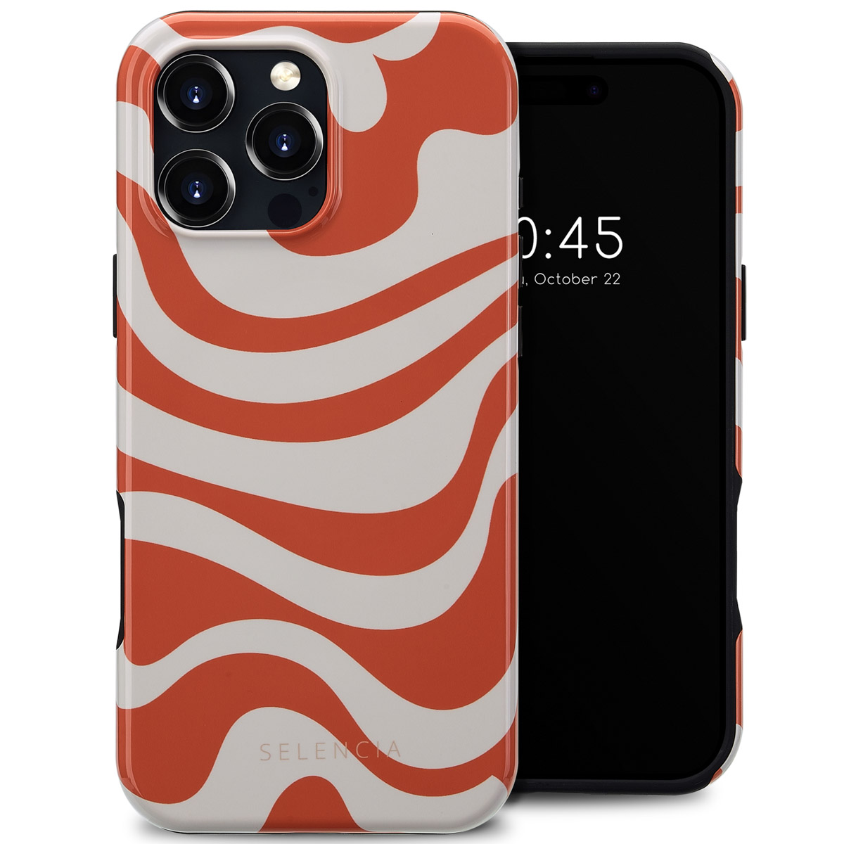 Coque de téléphone avec des lignes ondulées orange, téléphone avec écran noir et caméra.
