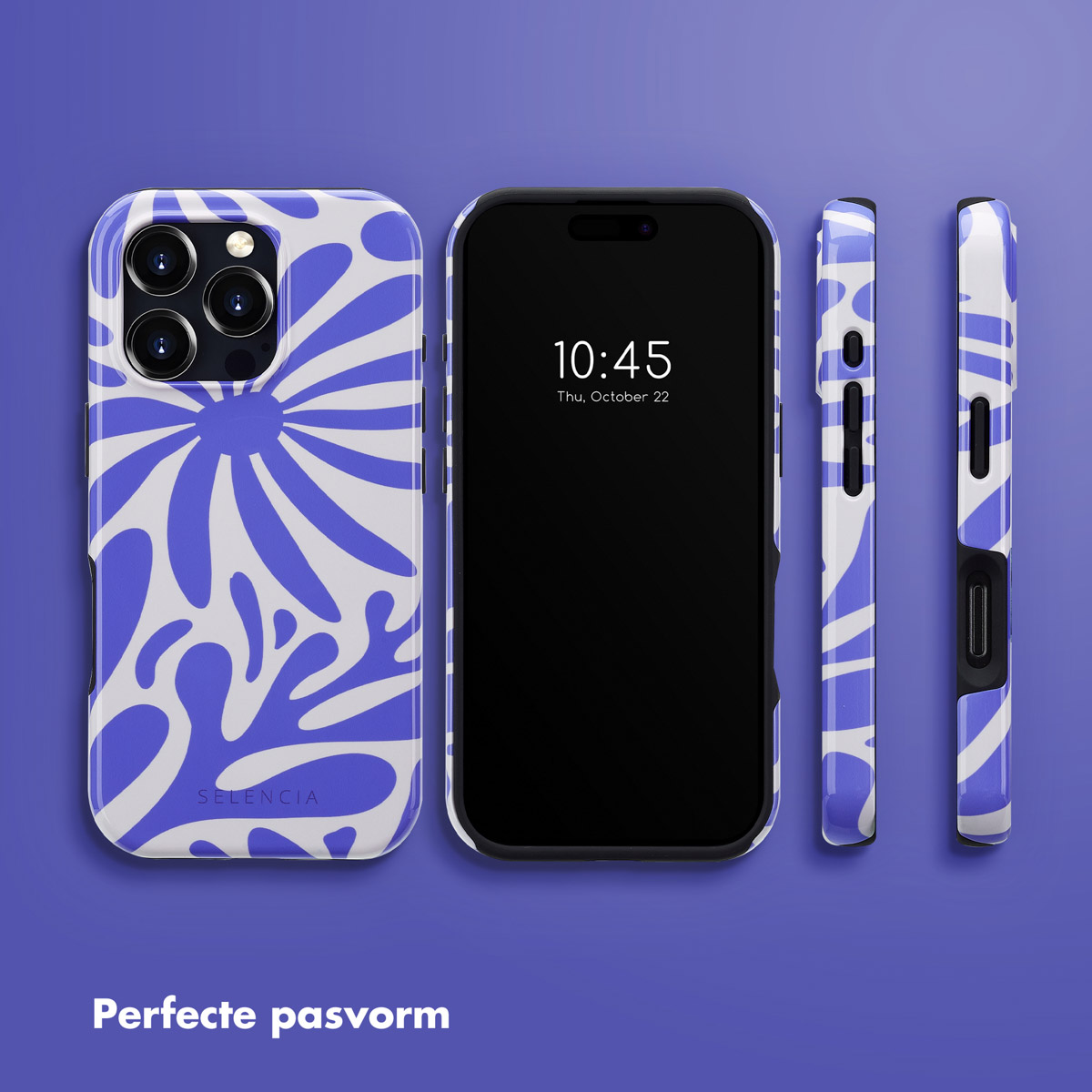 Telefoon met blauw-witte hoes, drie aanzichten.