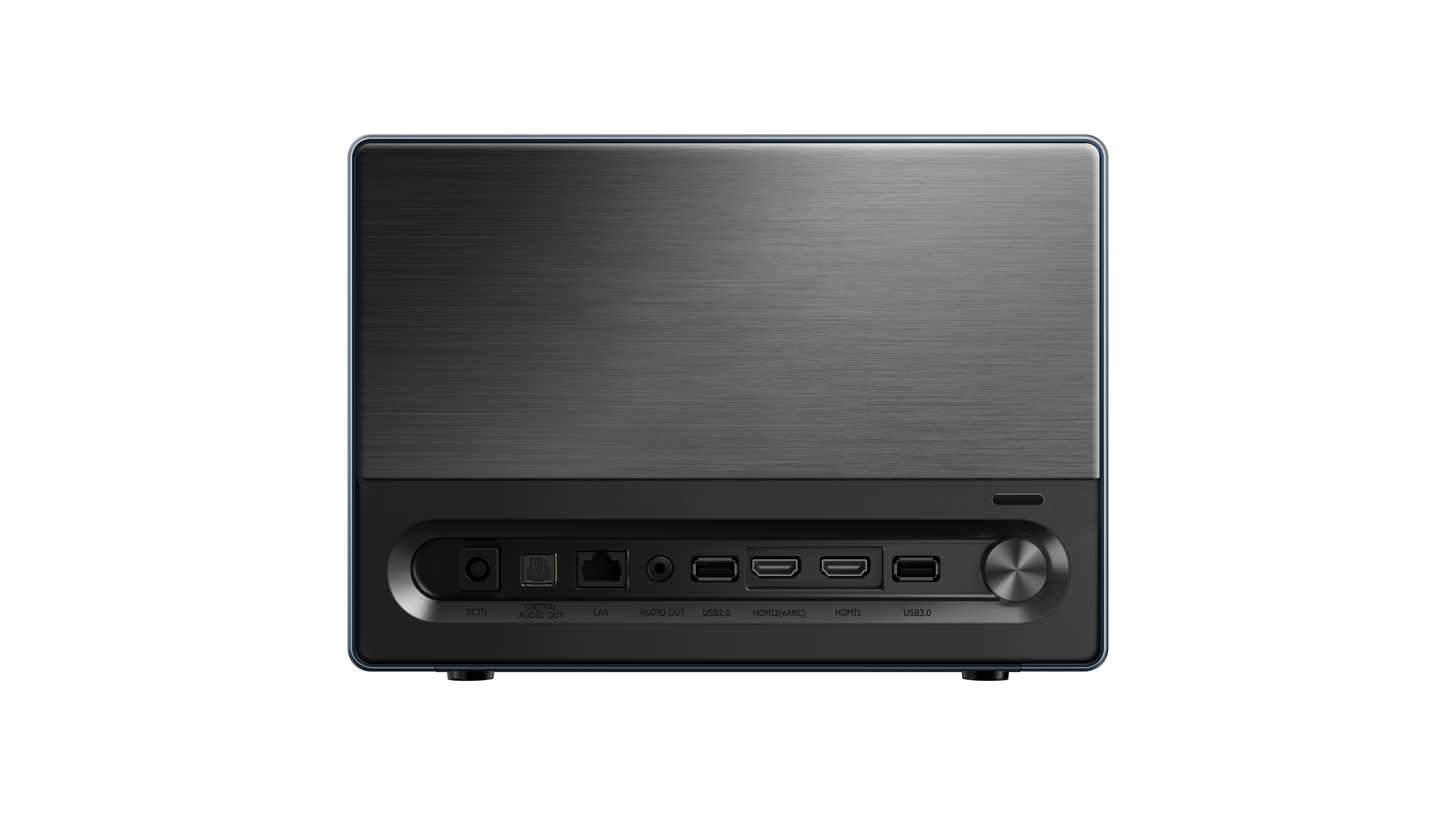 Vista posteriore di un dispositivo audio nero con porte. Sfondo bianco.