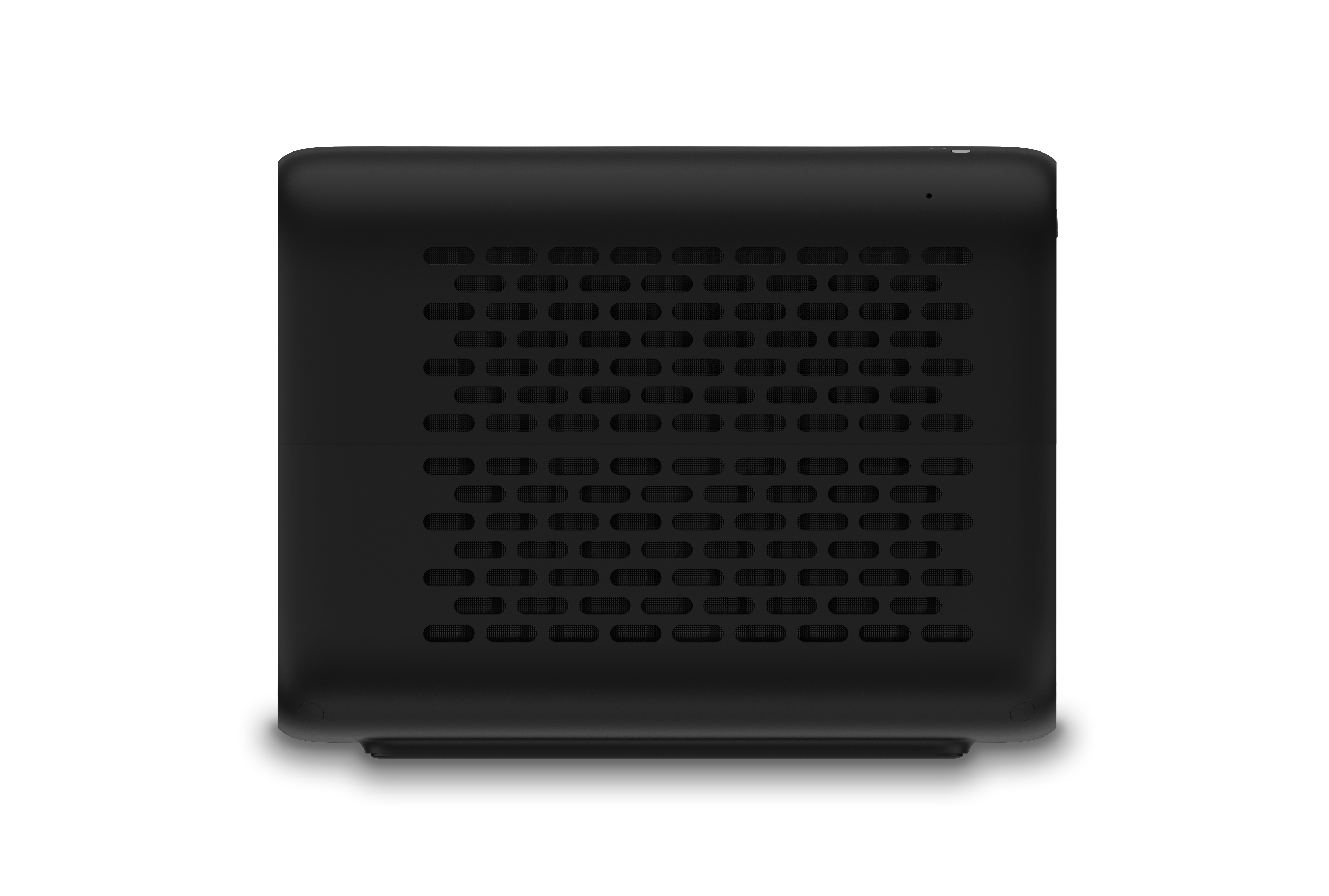 Schwarzes Computergehäuse, Vorderansicht, mit Lüftungslöchern. Weißer Hintergrund.