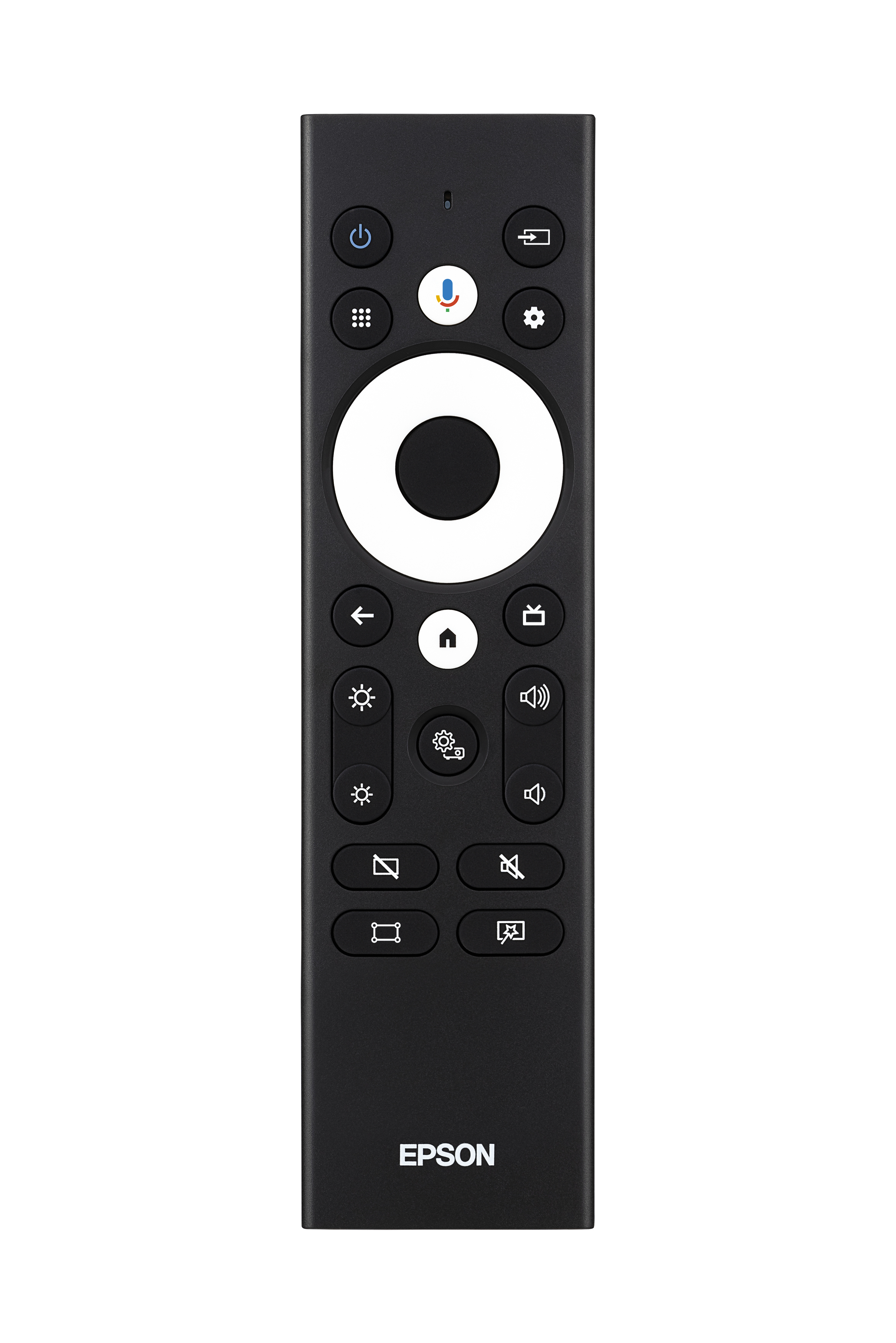 Czarny pilot z wieloma przyciskami. Marka Epson znajduje się na dole.