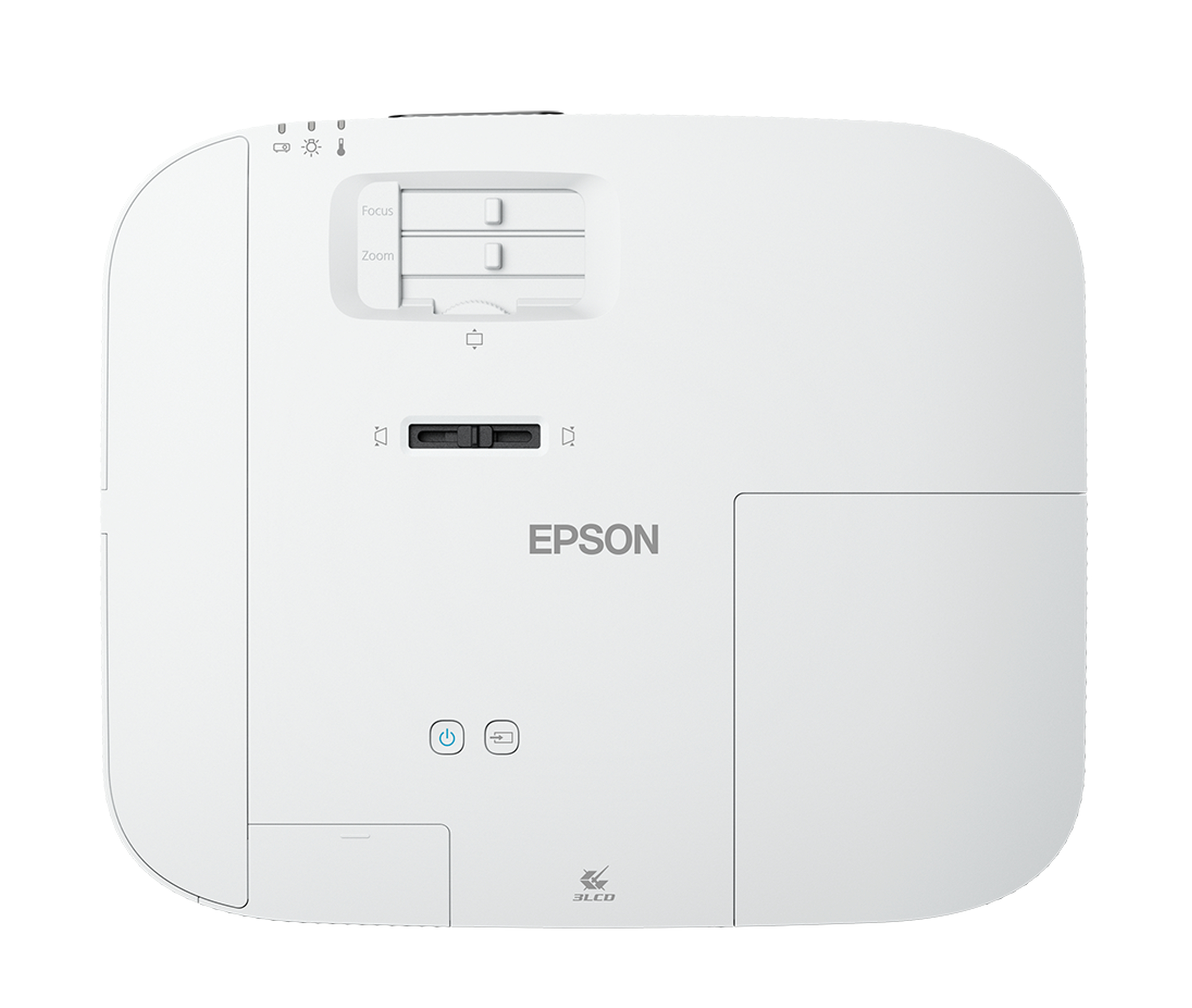 Un proiettore bianco con pulsanti per la messa a fuoco e lo zoom, e il marchio EPSON.