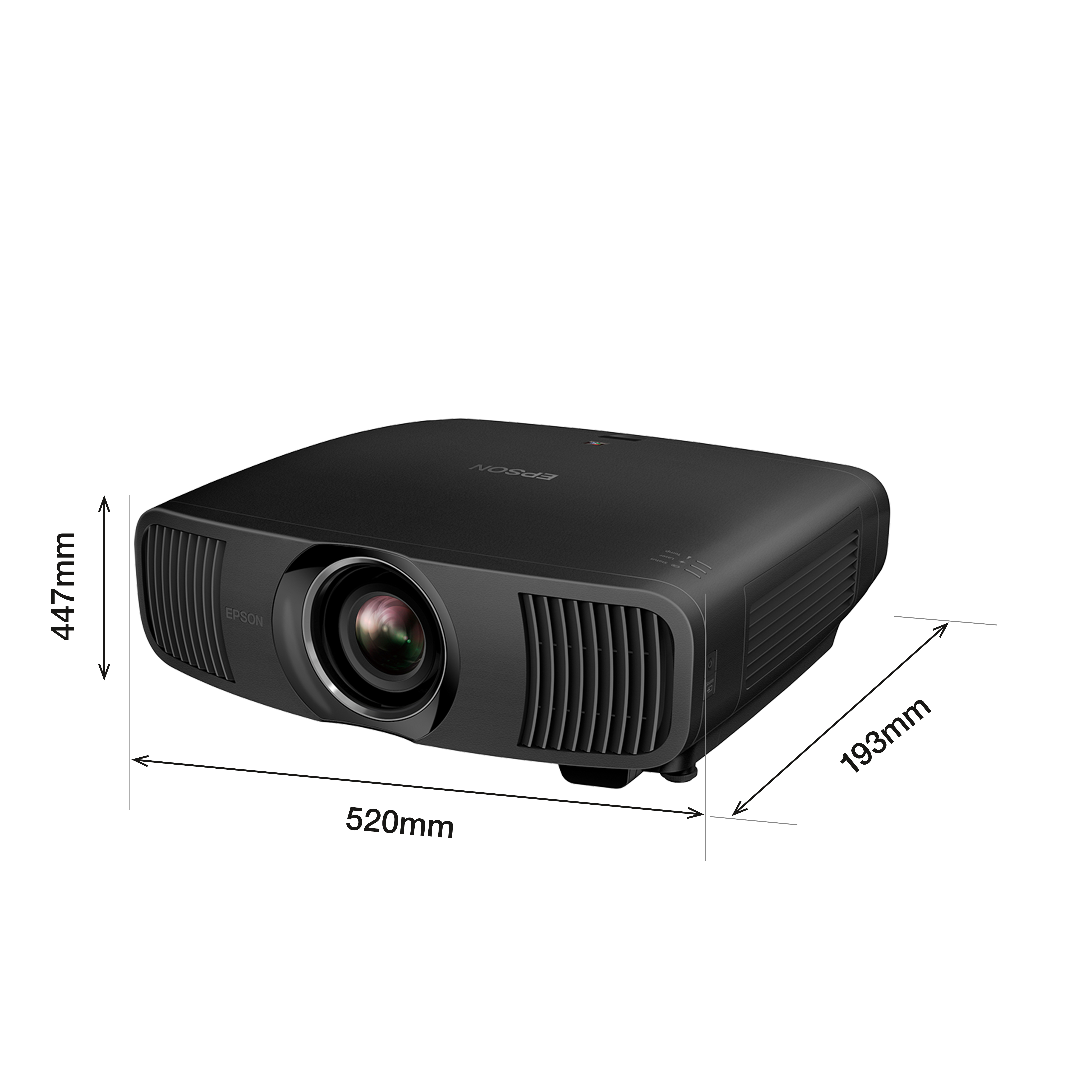Proiettore nero con dimensioni indicate. 'Epson' scritto sopra. Lente visibile davanti.