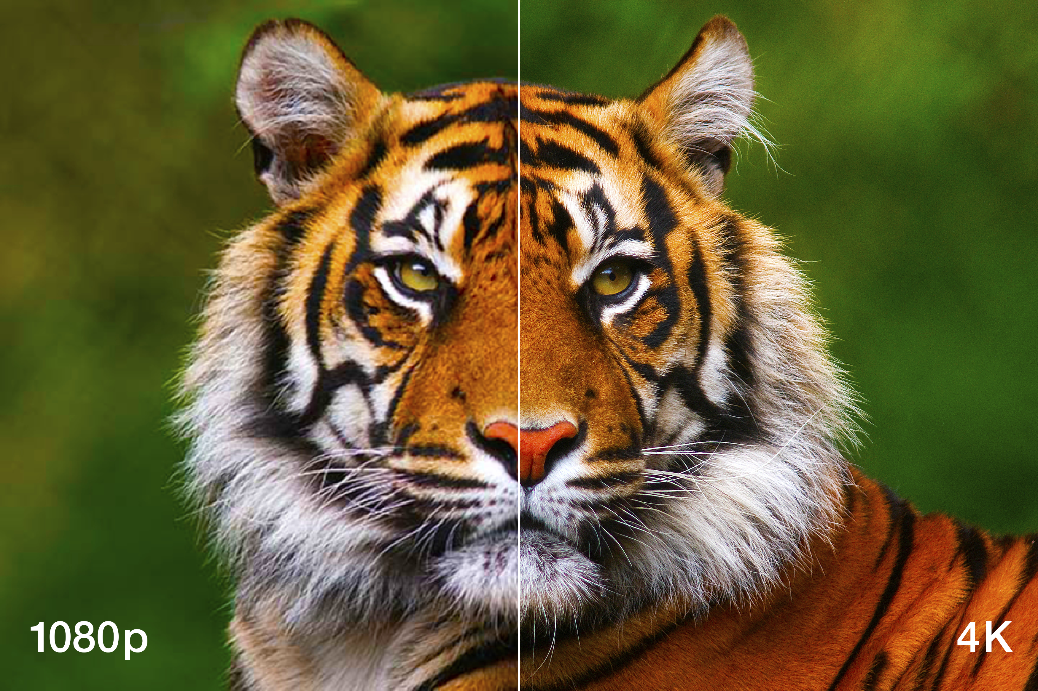 Immagine divisa che mostra la faccia di una tigre in 1080p a sinistra e 4K a destra.