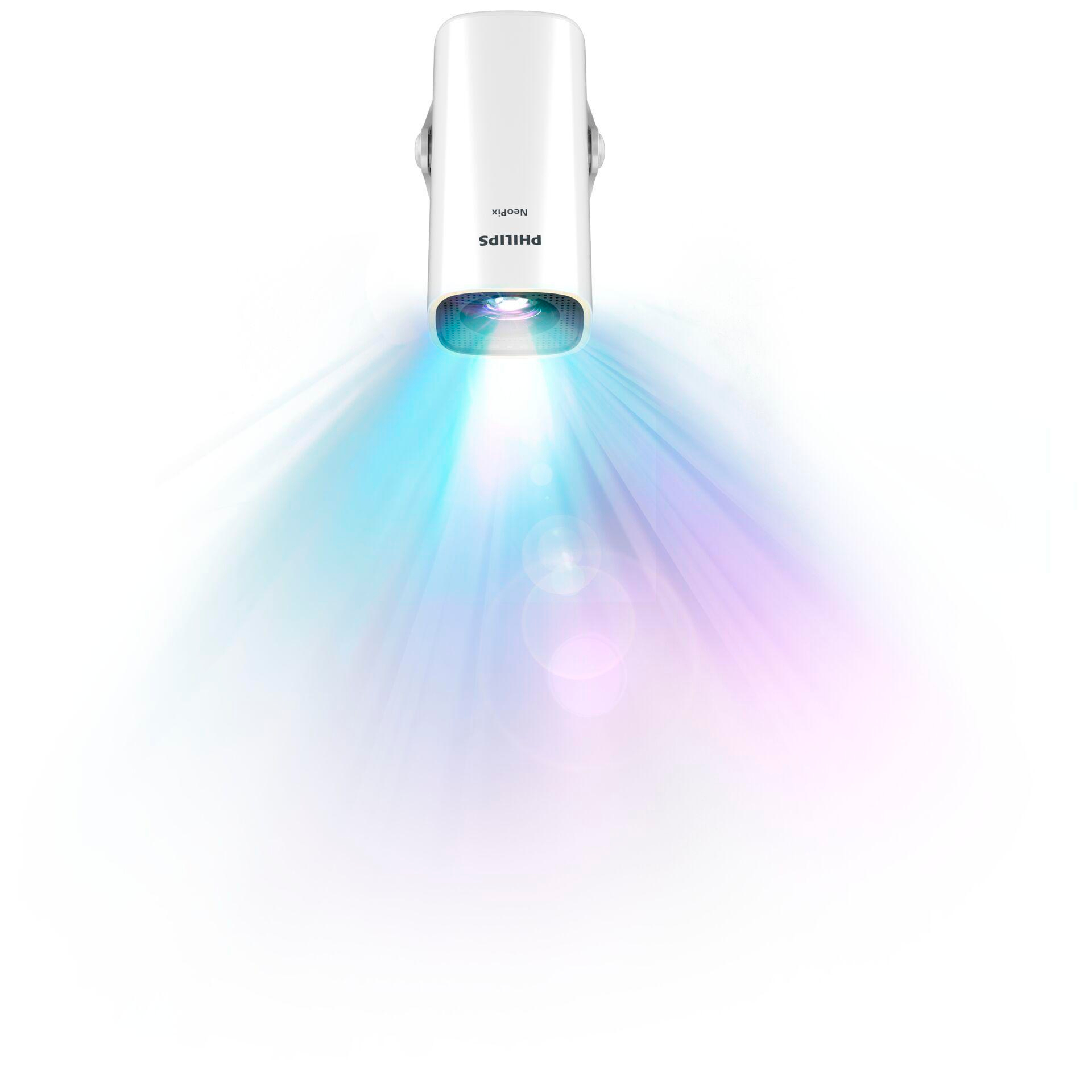 Światło Philips Neofix. Biały korpus, niebieskie, fioletowe i różowe wiązki światła emanujące z niego.