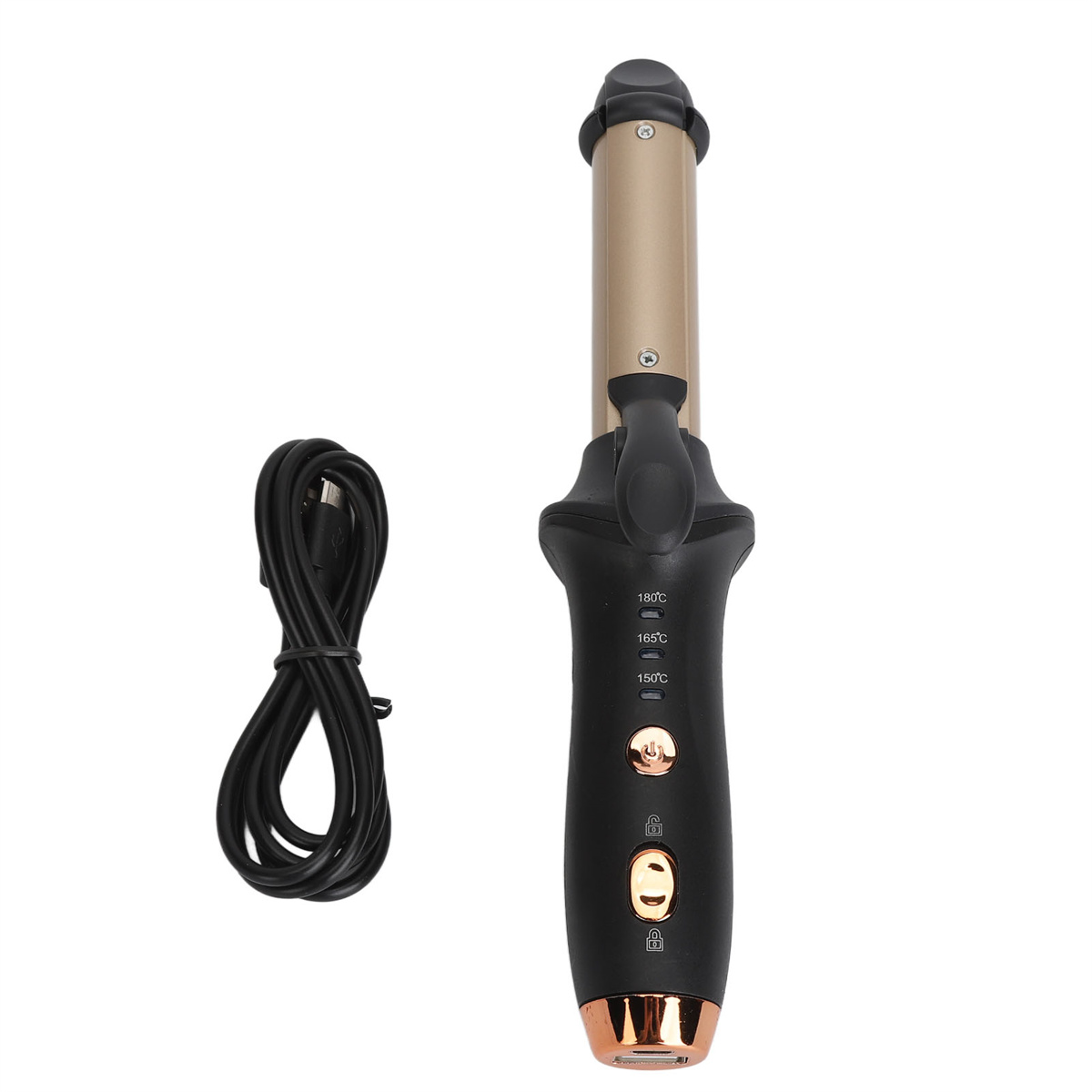 Ein schwarz-goldener Lockenstab mit schwarzem Netzkabel.