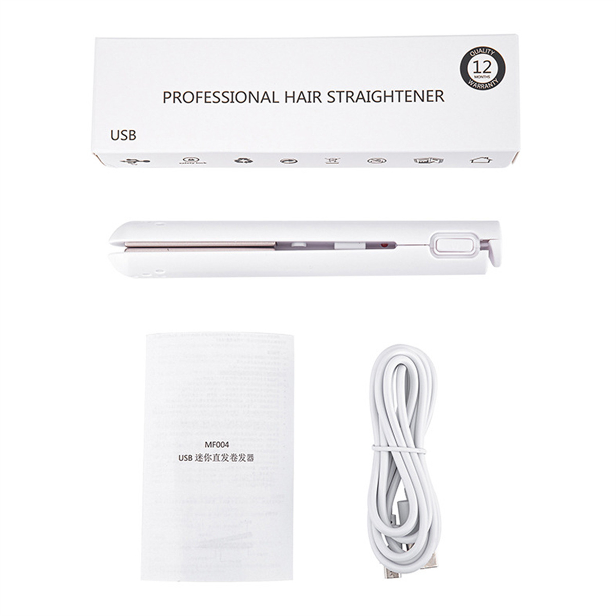 Weißer Haarglätter, Box, Kabel und Handbuch auf weißem Hintergrund.