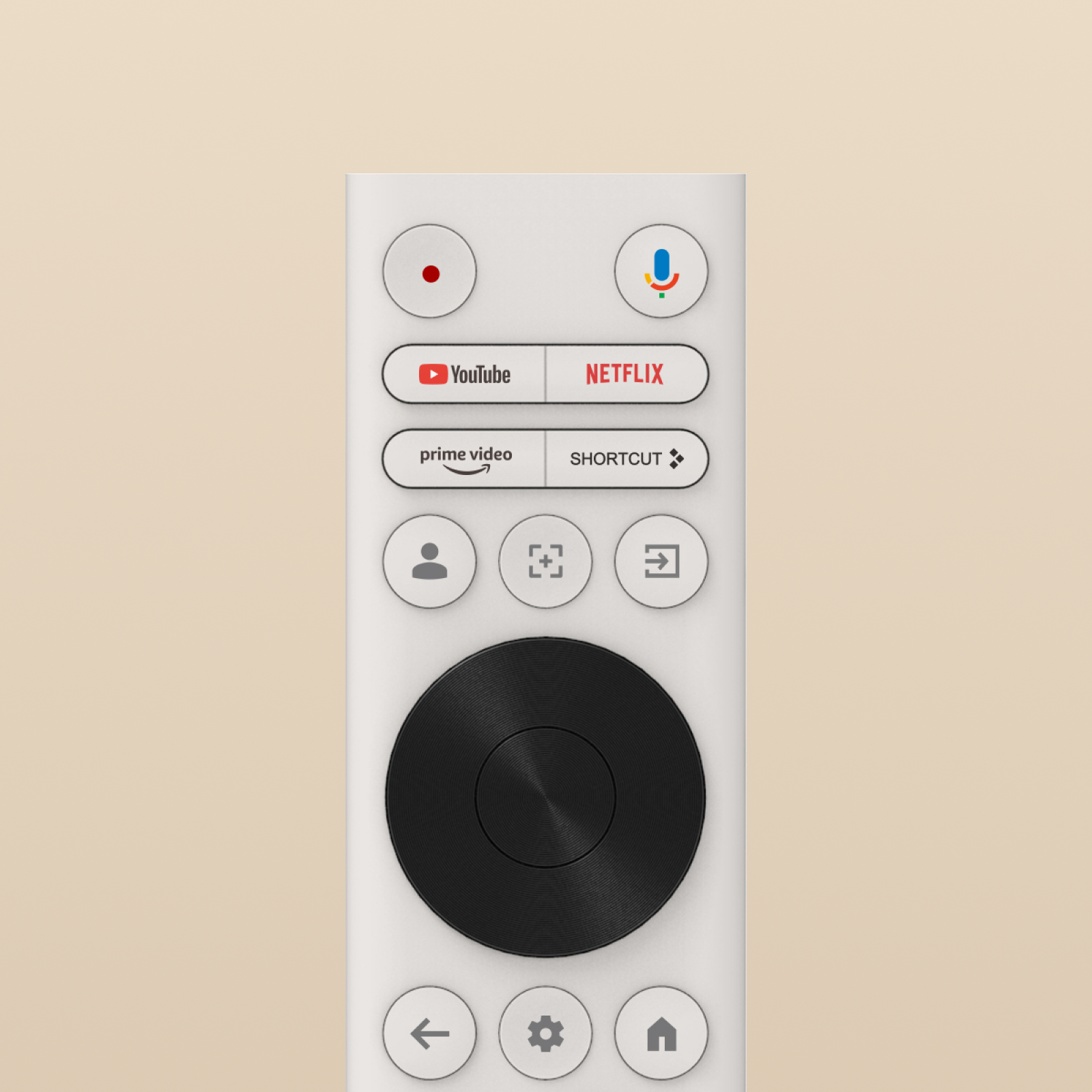 Un telecomando bianco con pulsanti per YouTube, Netflix e altri servizi di streaming, su sfondo beige.