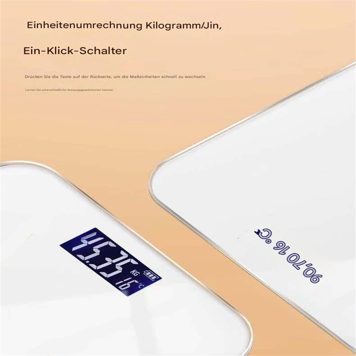 Digitale Waage, die das Gewicht anzeigt, mit Text auf Deutsch.