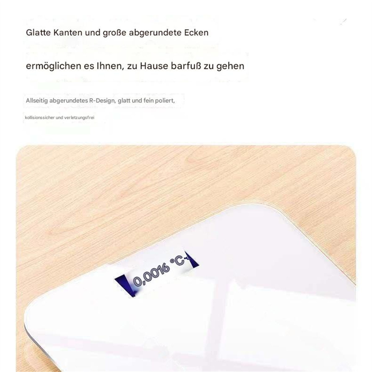 Nahaufnahme einer weißen Waage. Die Waage hat eine glatte Oberfläche und abgerundete Ecken, mit Anzeige.