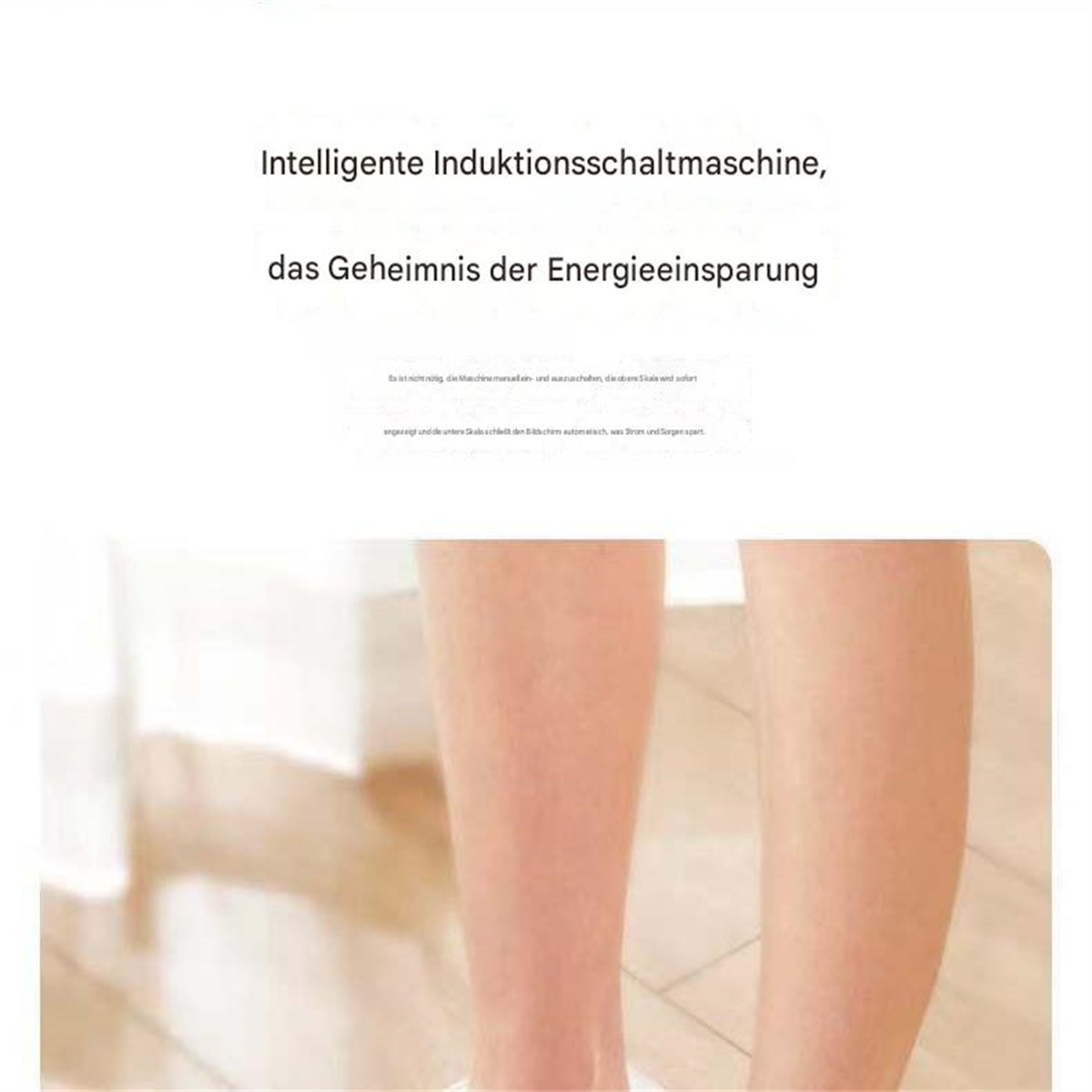Beine, wobei eine Hälfte die Ergebnisse der Haarentfernung zeigt. Text auf Deutsch erklärt den Vorgang.