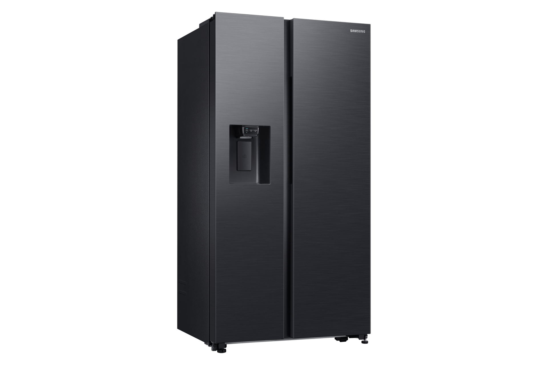 Ein schwarzer Side-by-Side-Kühlschrank von Samsung auf schwarzem Hintergrund.